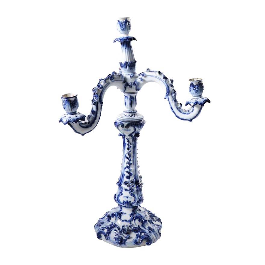 Blue and White Porcelain Five Arm Candelabra, Mid to Late 19th Century