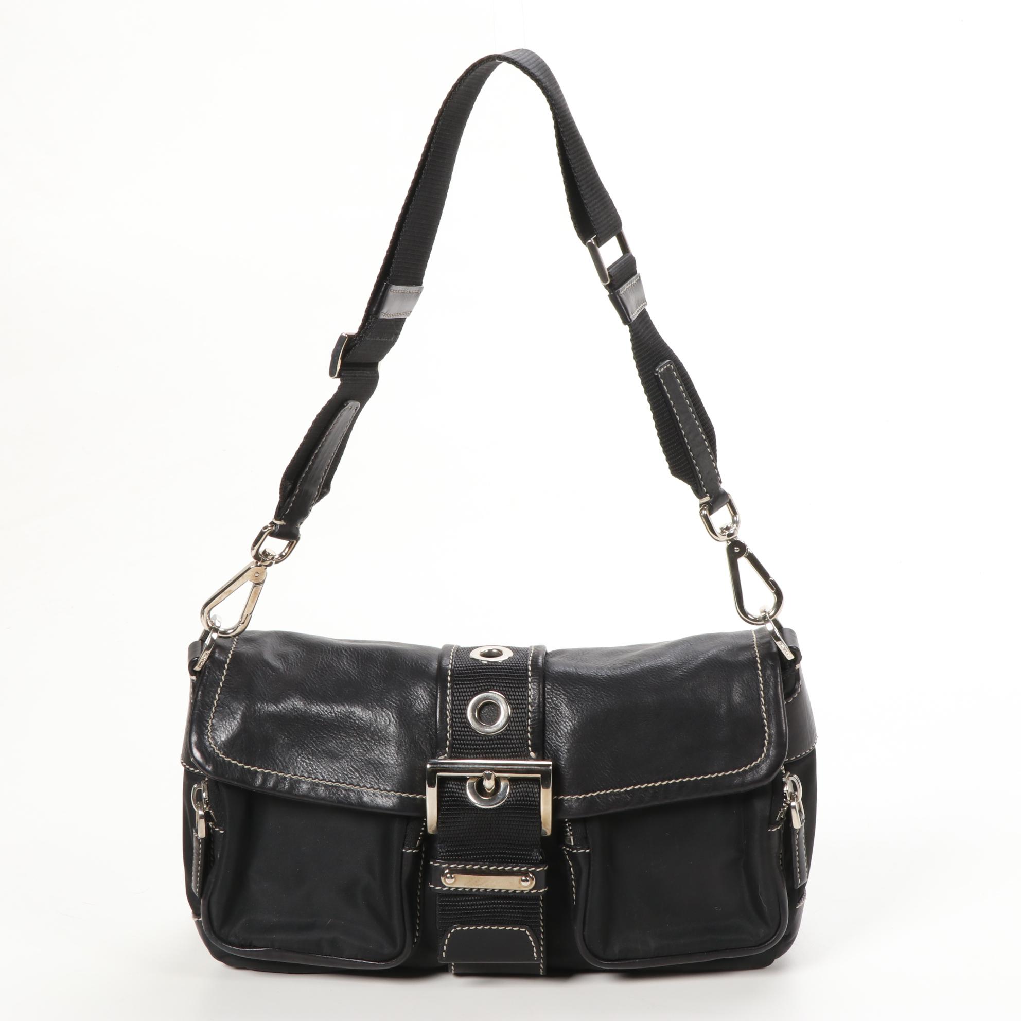 Prada Flap Front Shoulder Bag in Black Tessuto Nylon and Leather