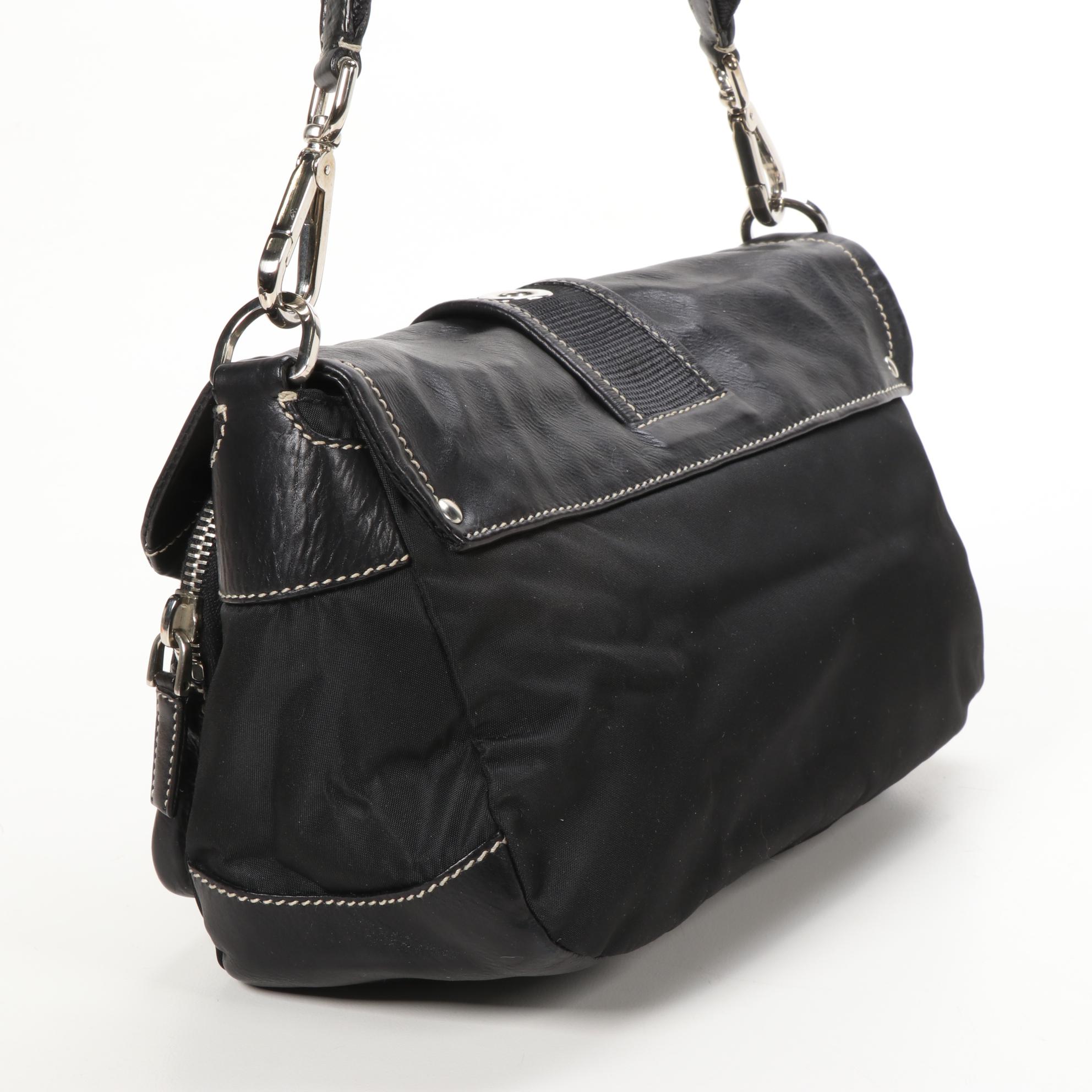 Prada Flap Front Shoulder Bag in Black Tessuto Nylon and Leather