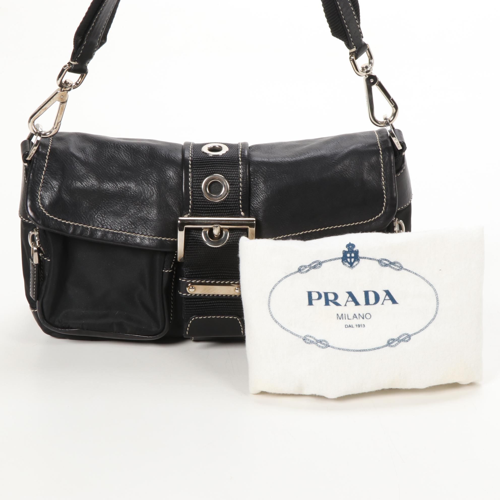 Prada Flap Front Shoulder Bag in Black Tessuto Nylon and Leather