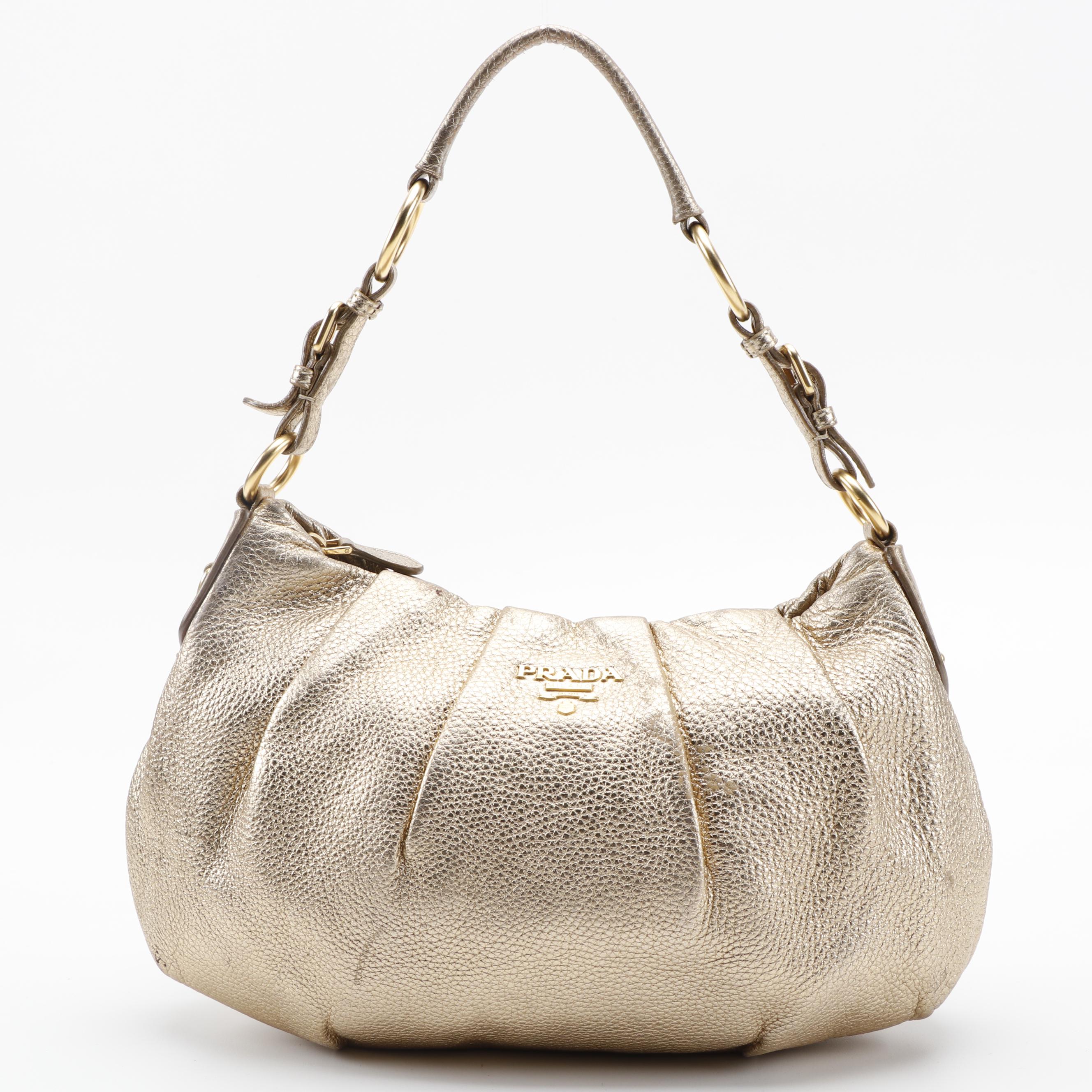 Prada Vitello Daino Hobo Bag in Gold Metallic Leather