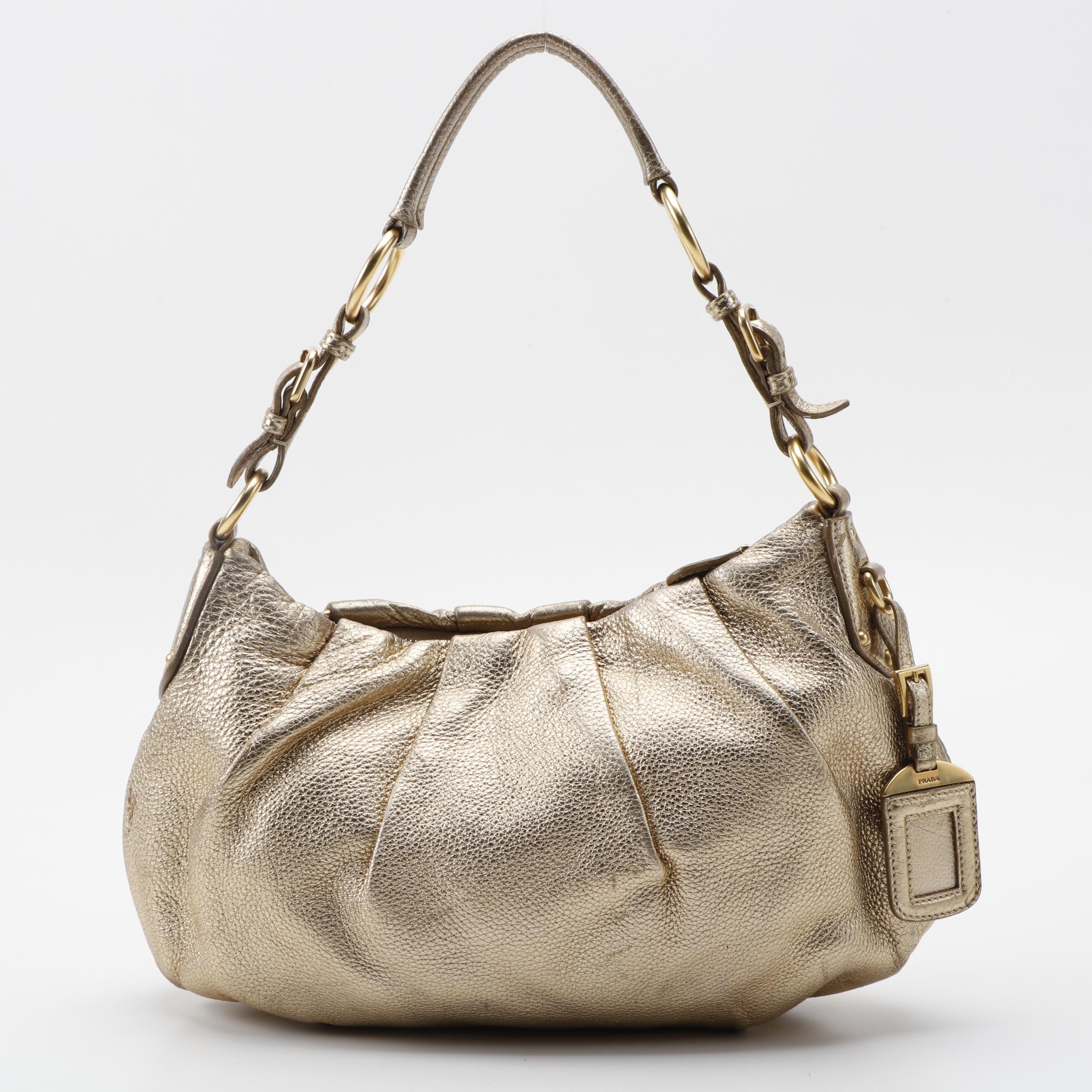 Prada Vitello Daino Hobo Bag in Gold Metallic Leather