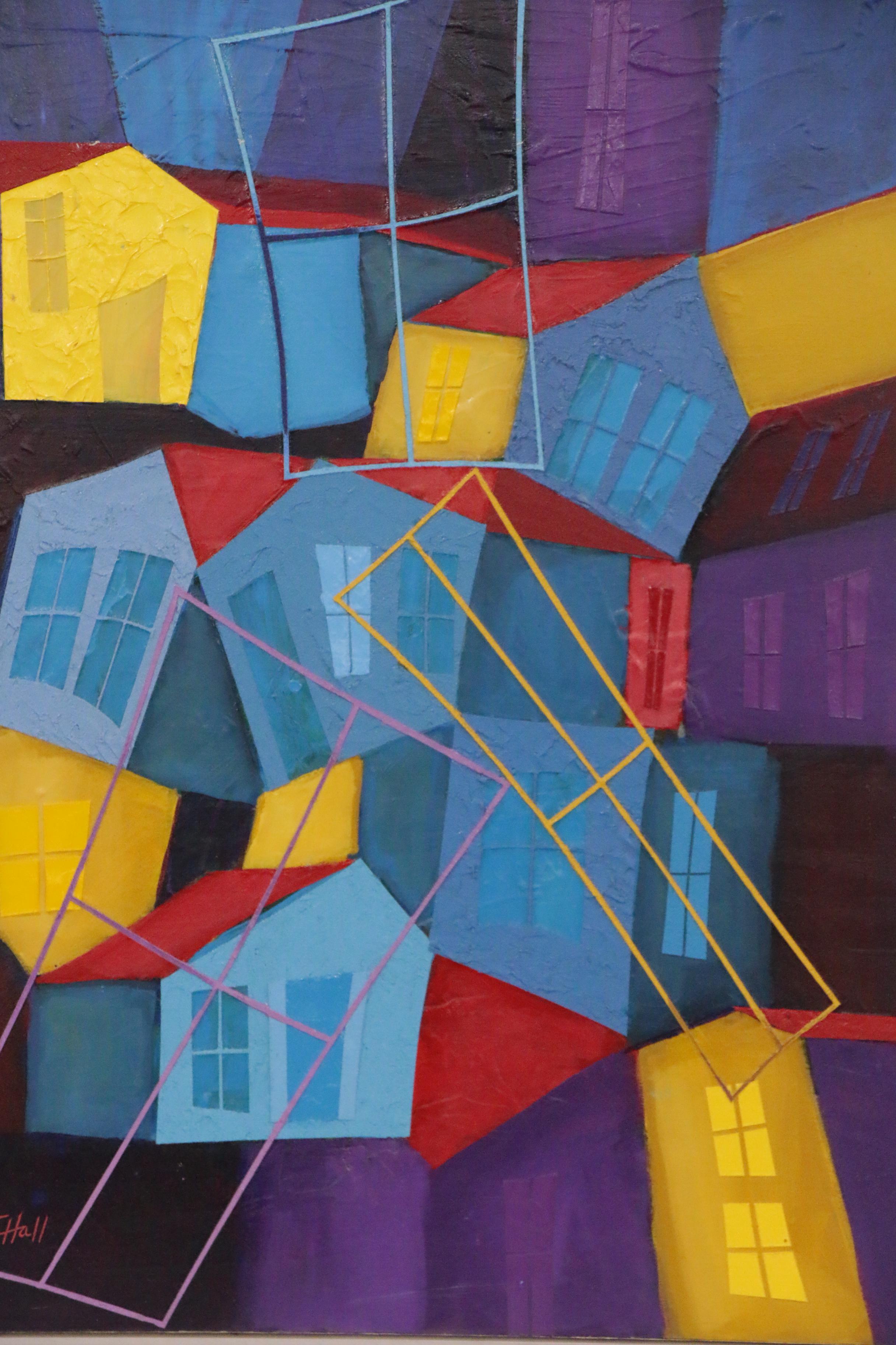 J.C. Hall Abstract Mixed Media Painting of Houses