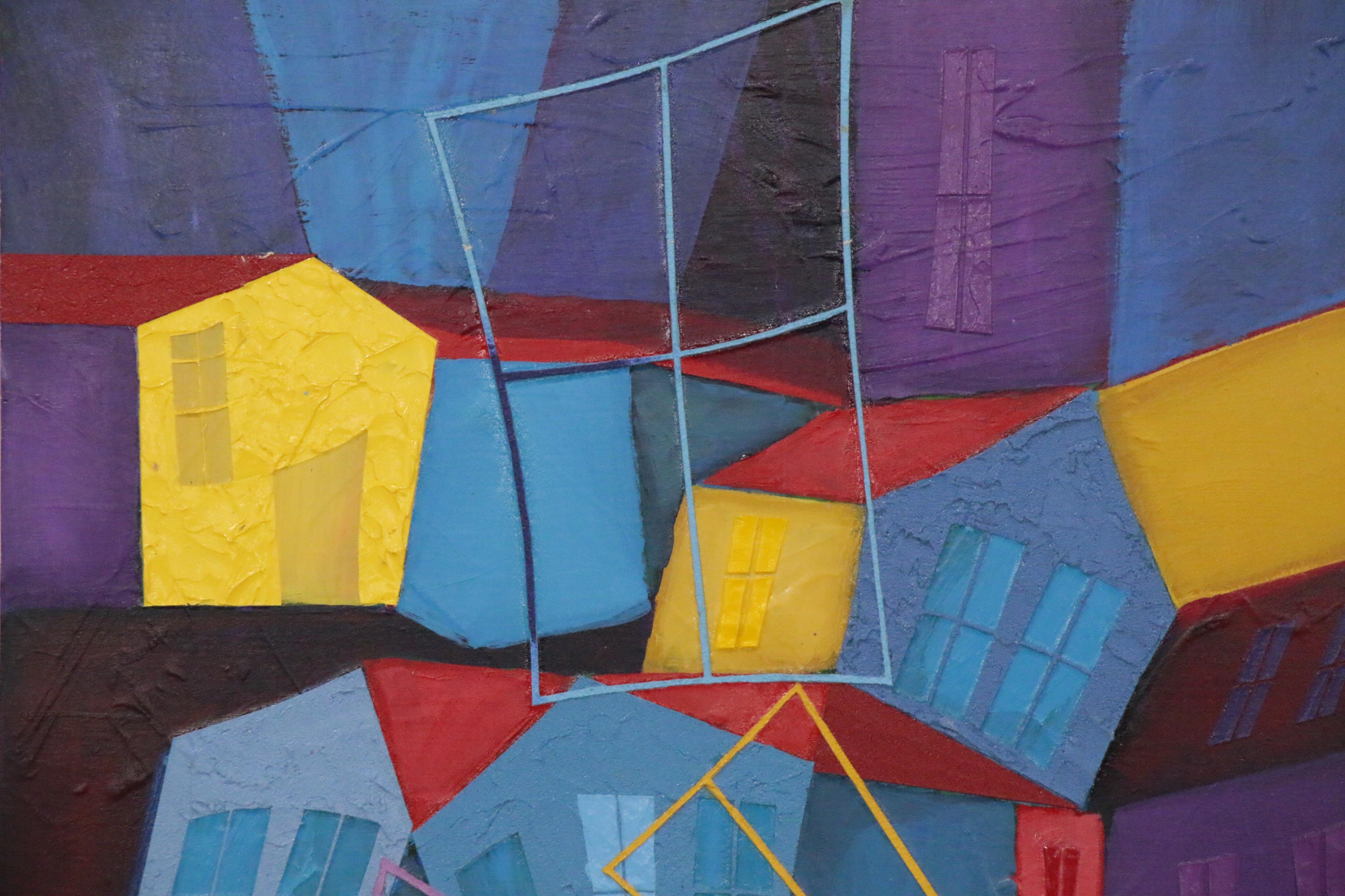 J.C. Hall Abstract Mixed Media Painting of Houses
