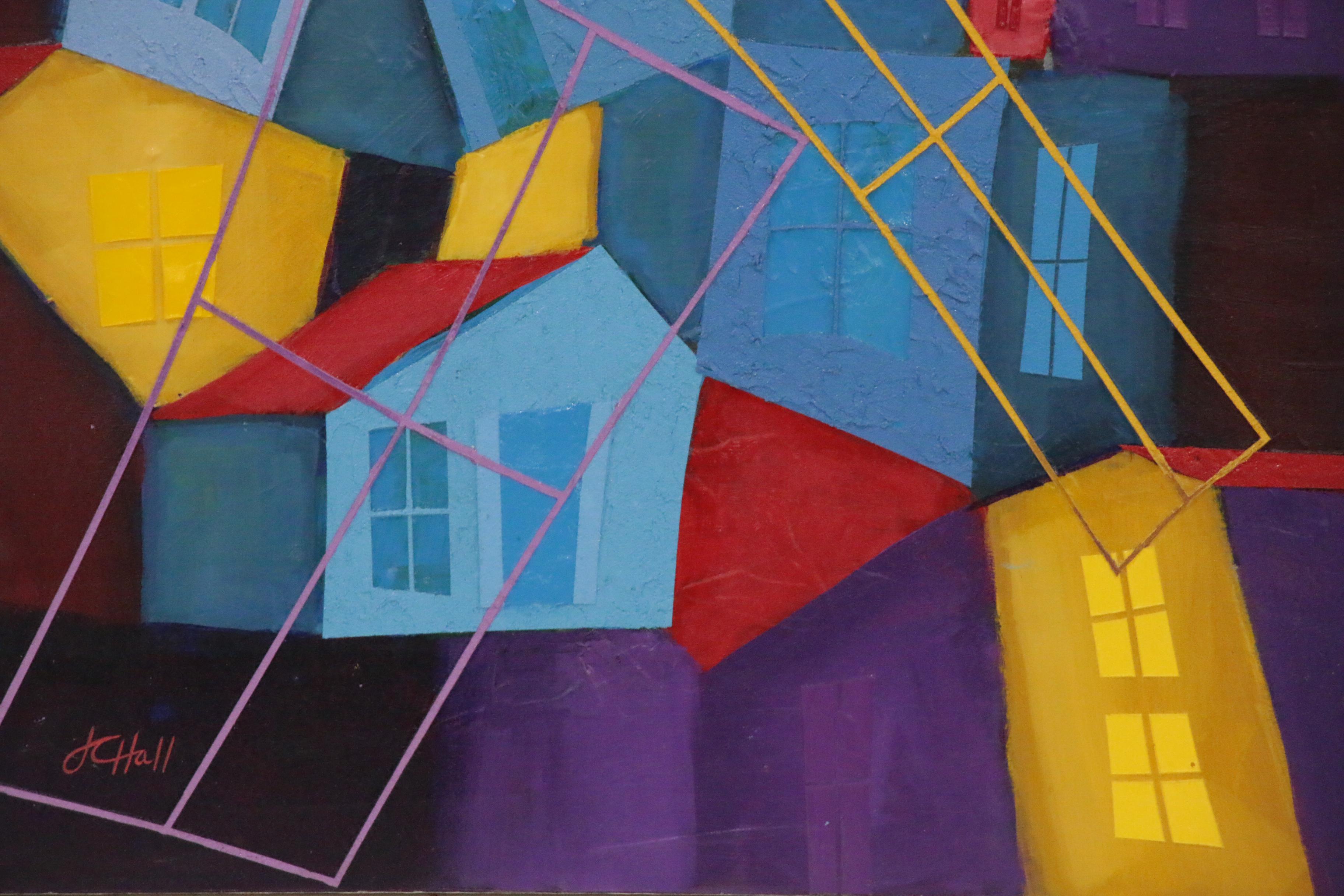 J.C. Hall Abstract Mixed Media Painting of Houses