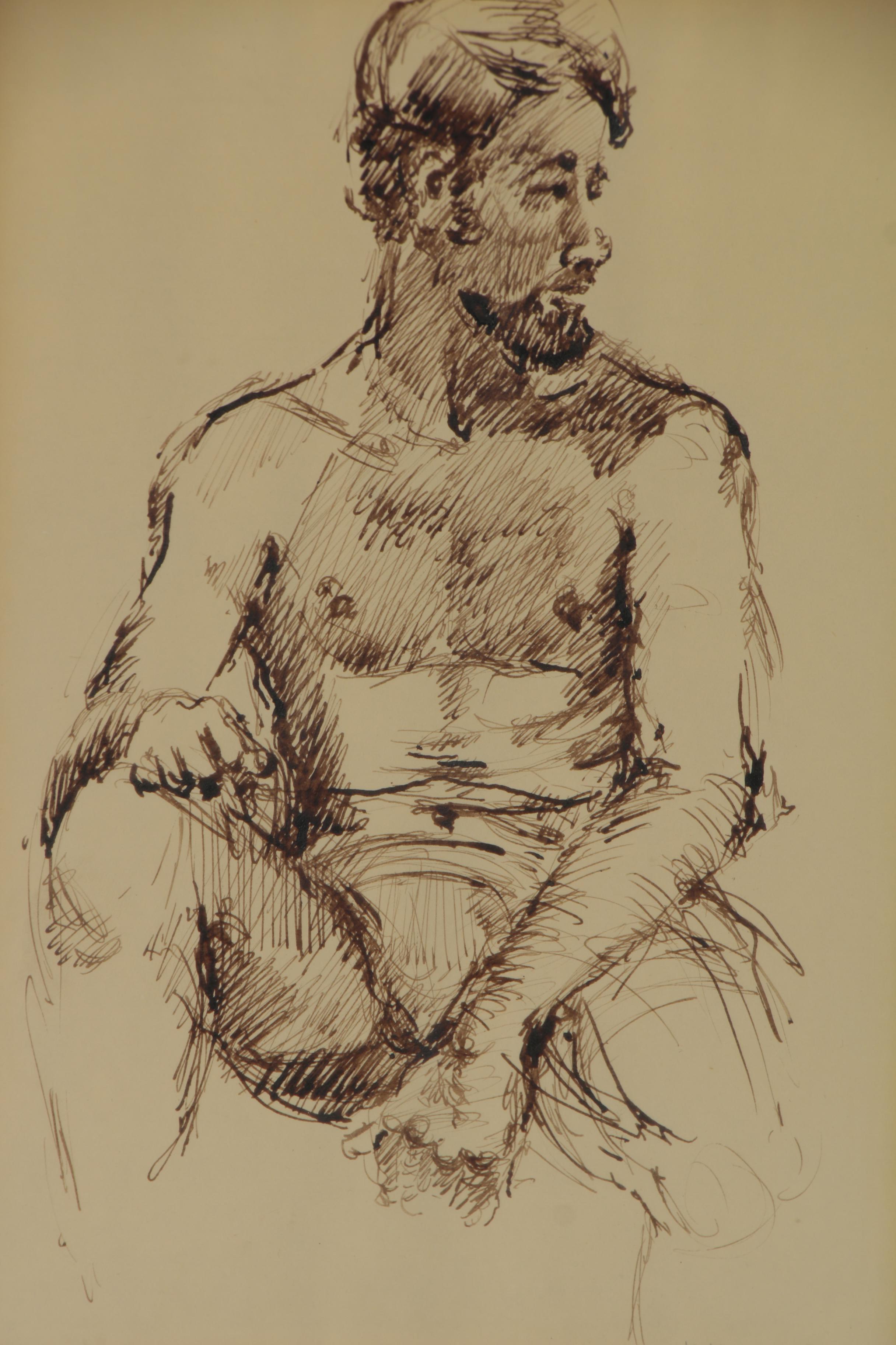 Russell Ram Ink Drawing Study of a Seated Figure, 1970