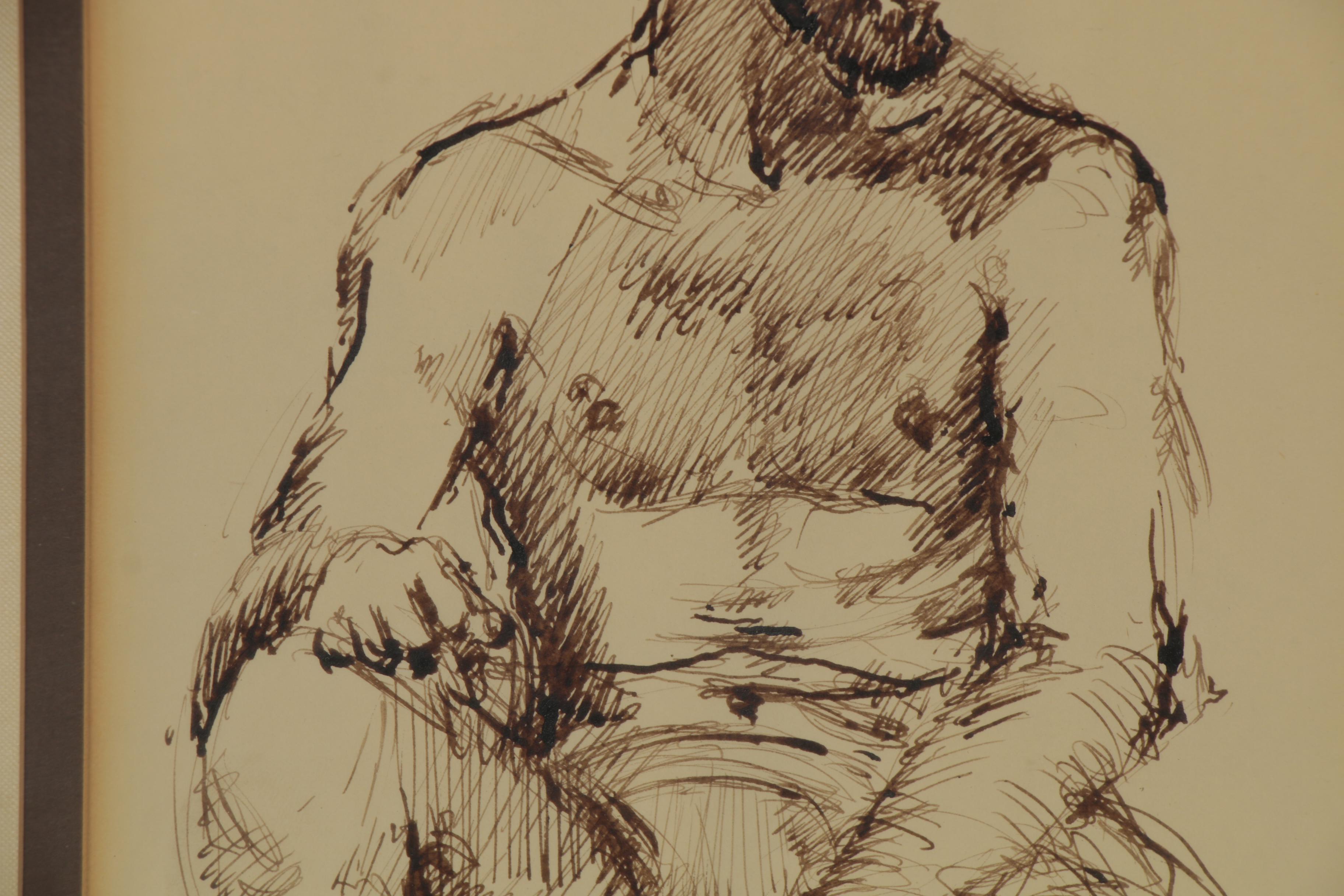 Russell Ram Ink Drawing Study of a Seated Figure, 1970