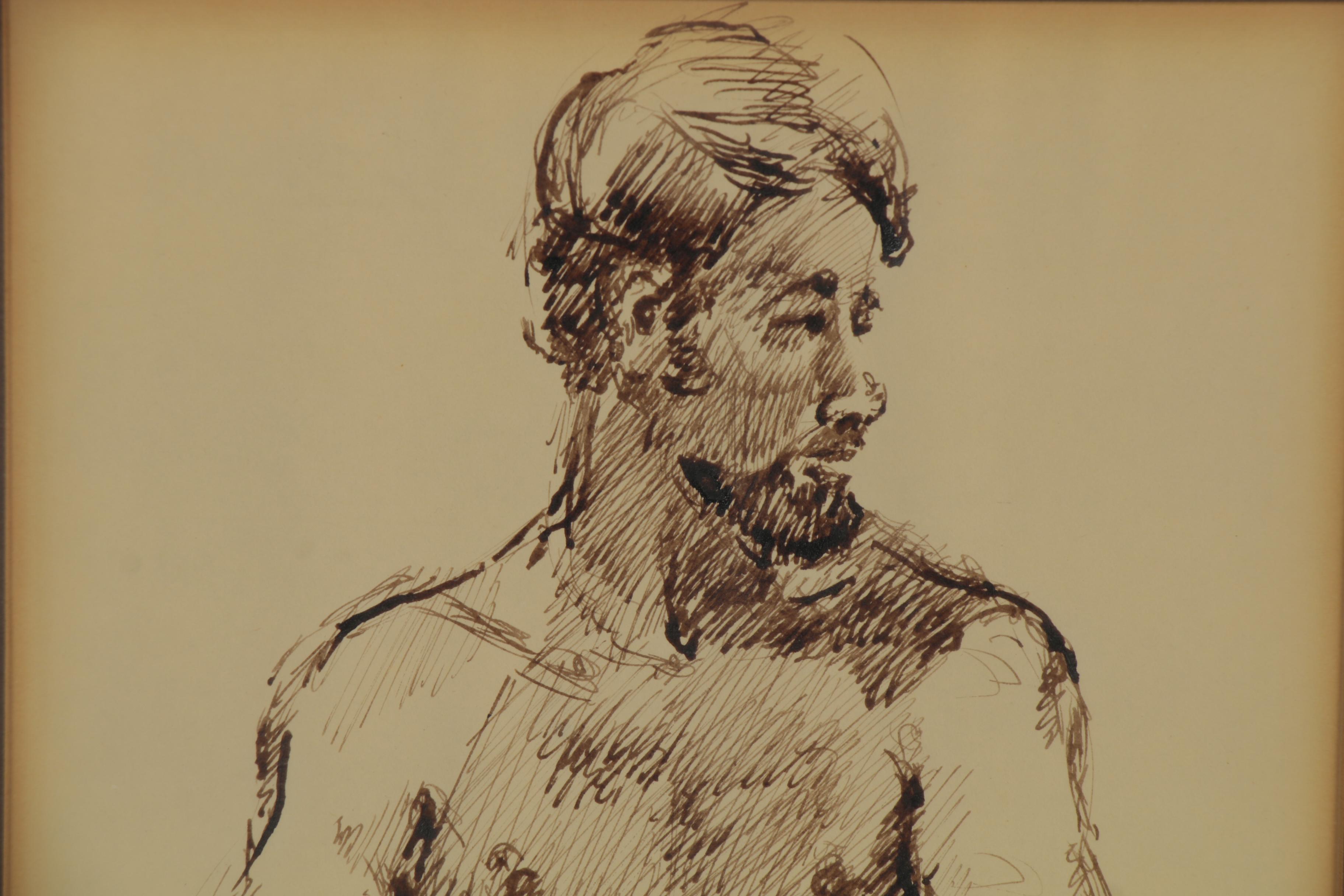 Russell Ram Ink Drawing Study of a Seated Figure, 1970