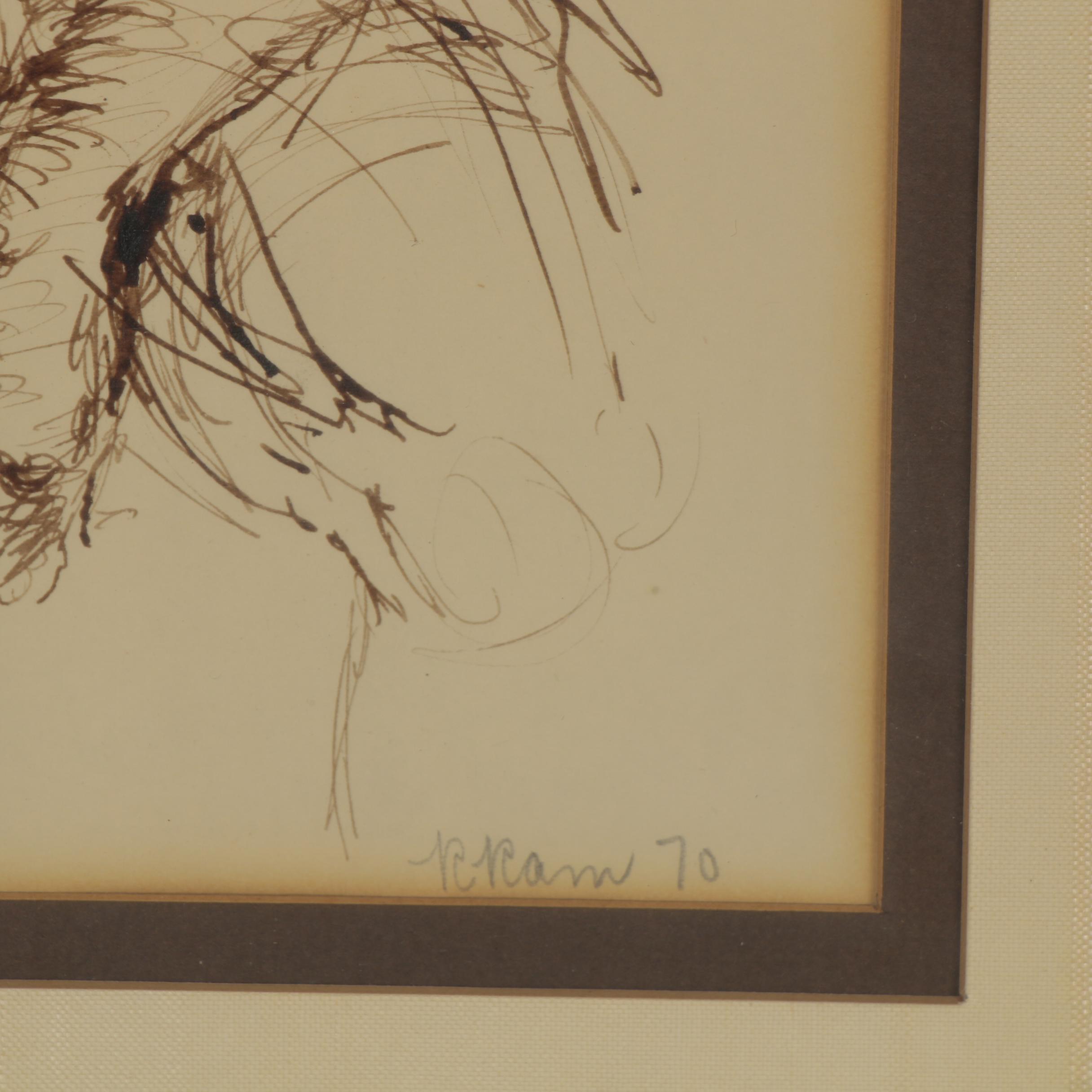 Russell Ram Ink Drawing Study of a Seated Figure, 1970