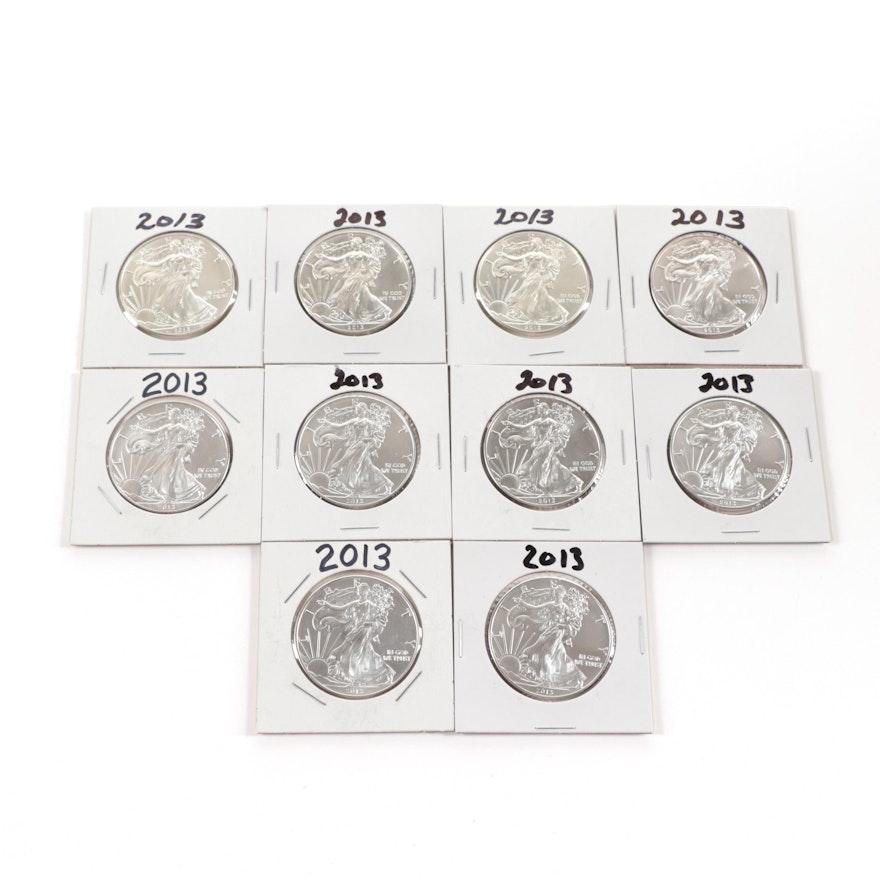 Ten 2013 American Silver Eagle Bullion Coins