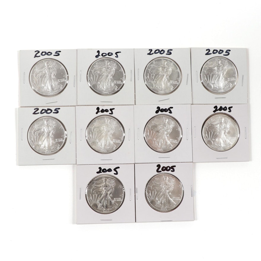Ten 2005 American Silver Eagle Bullion Coins