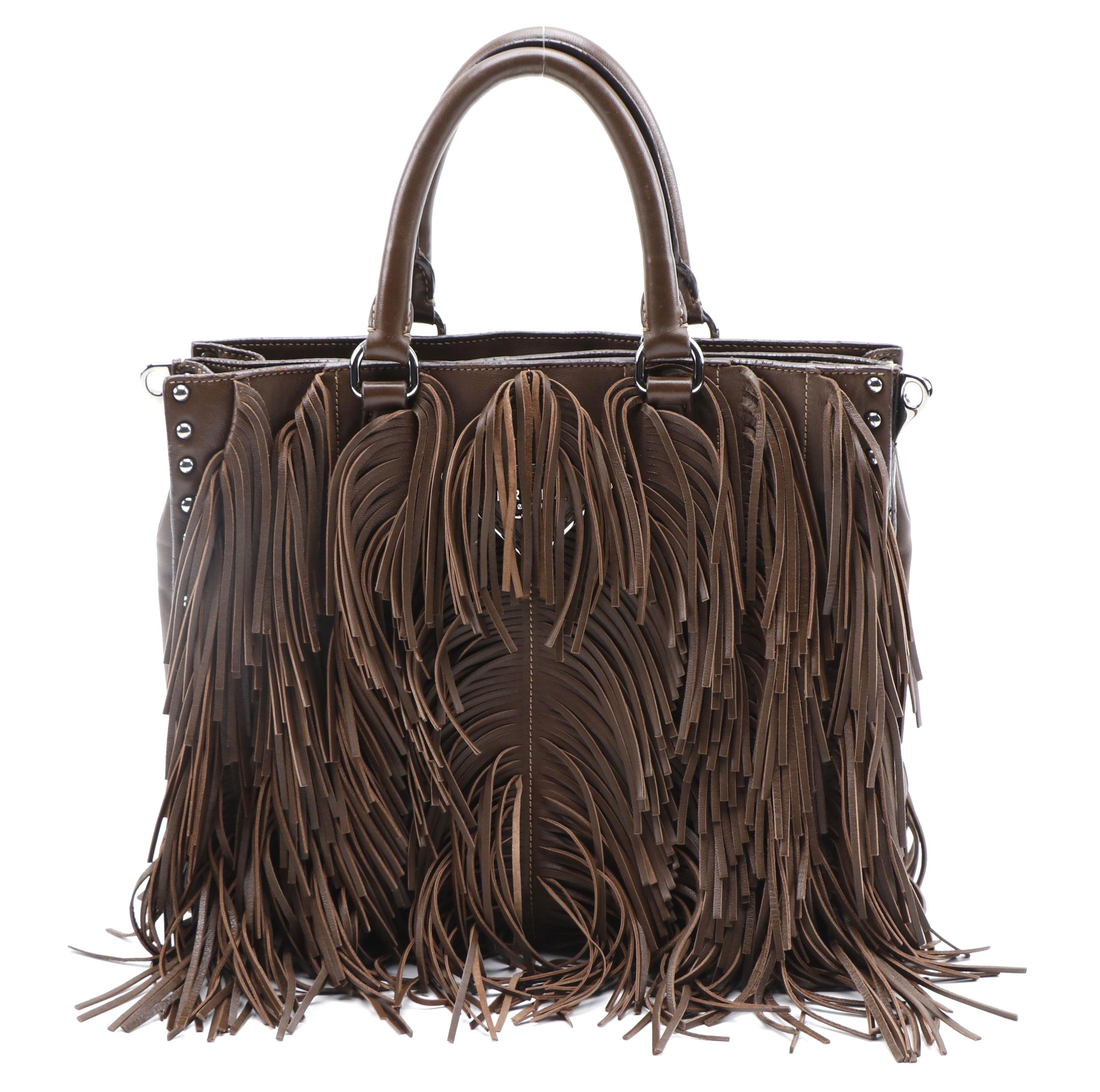 Prada Convertible Studded Fringe Two-Way Tote in Brown Nappa Leather