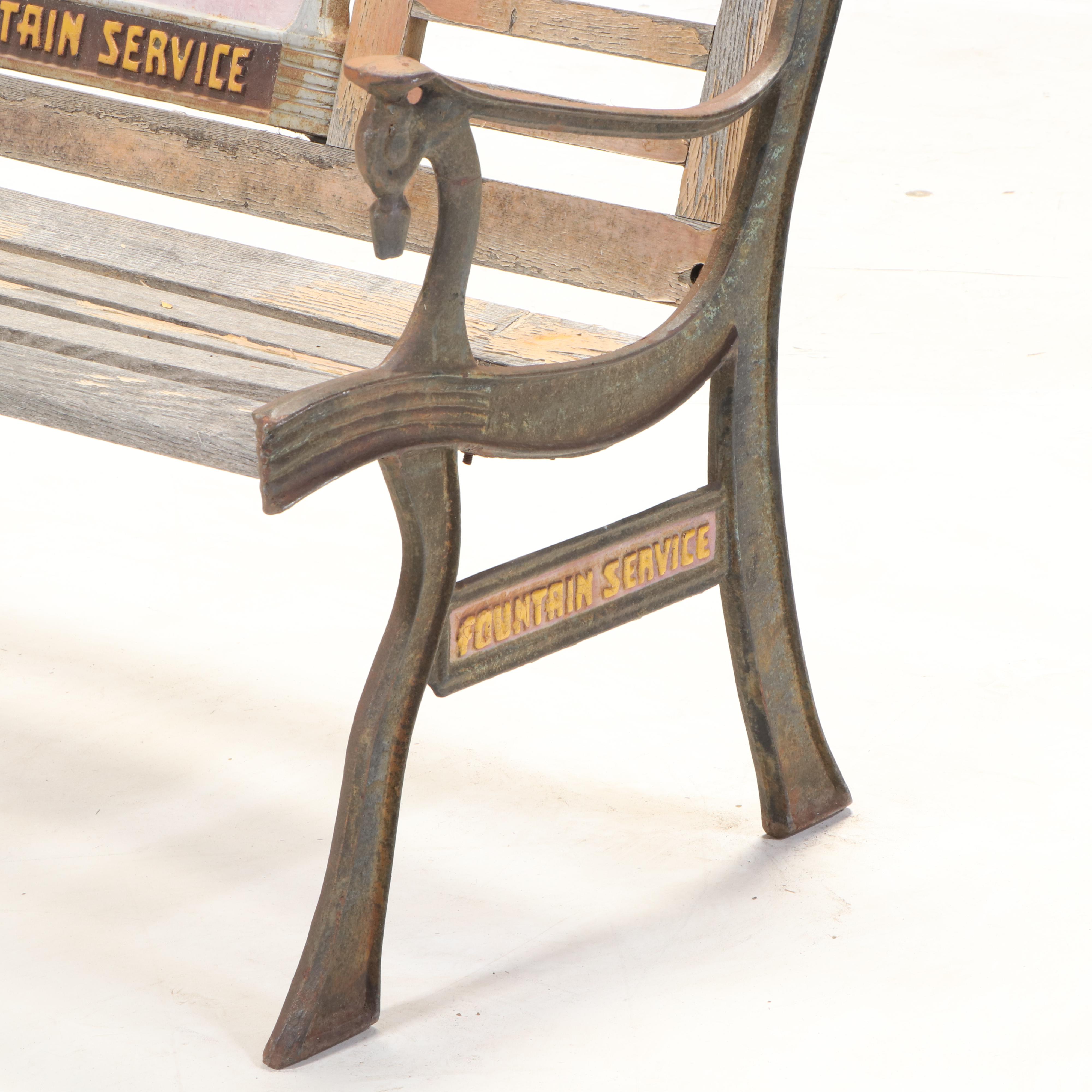 Coca-Cola Fountain Service Cast Iron and Oak Bench