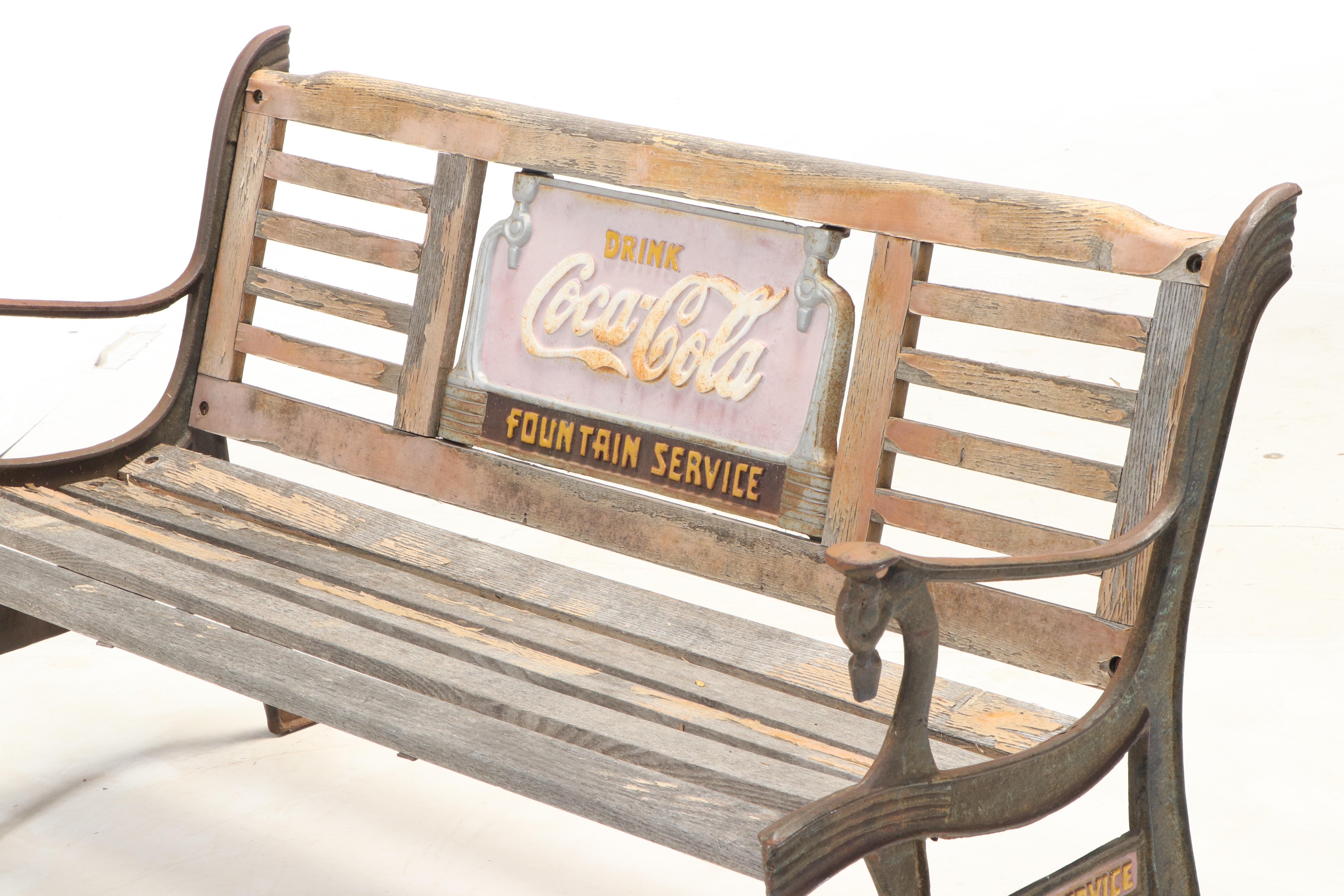 Coca-Cola Fountain Service Cast Iron and Oak Bench