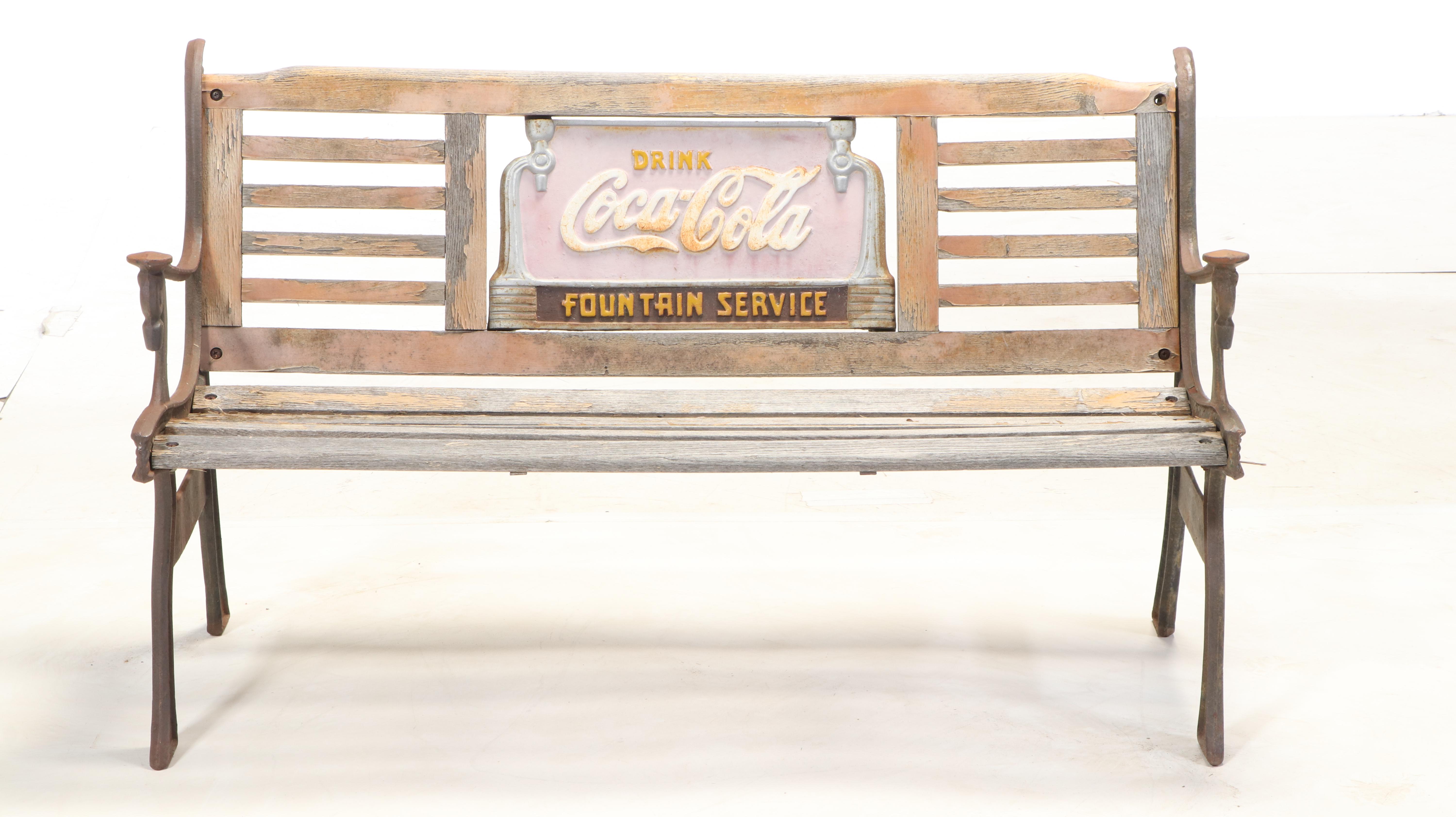 Coca-Cola Fountain Service Cast Iron and Oak Bench