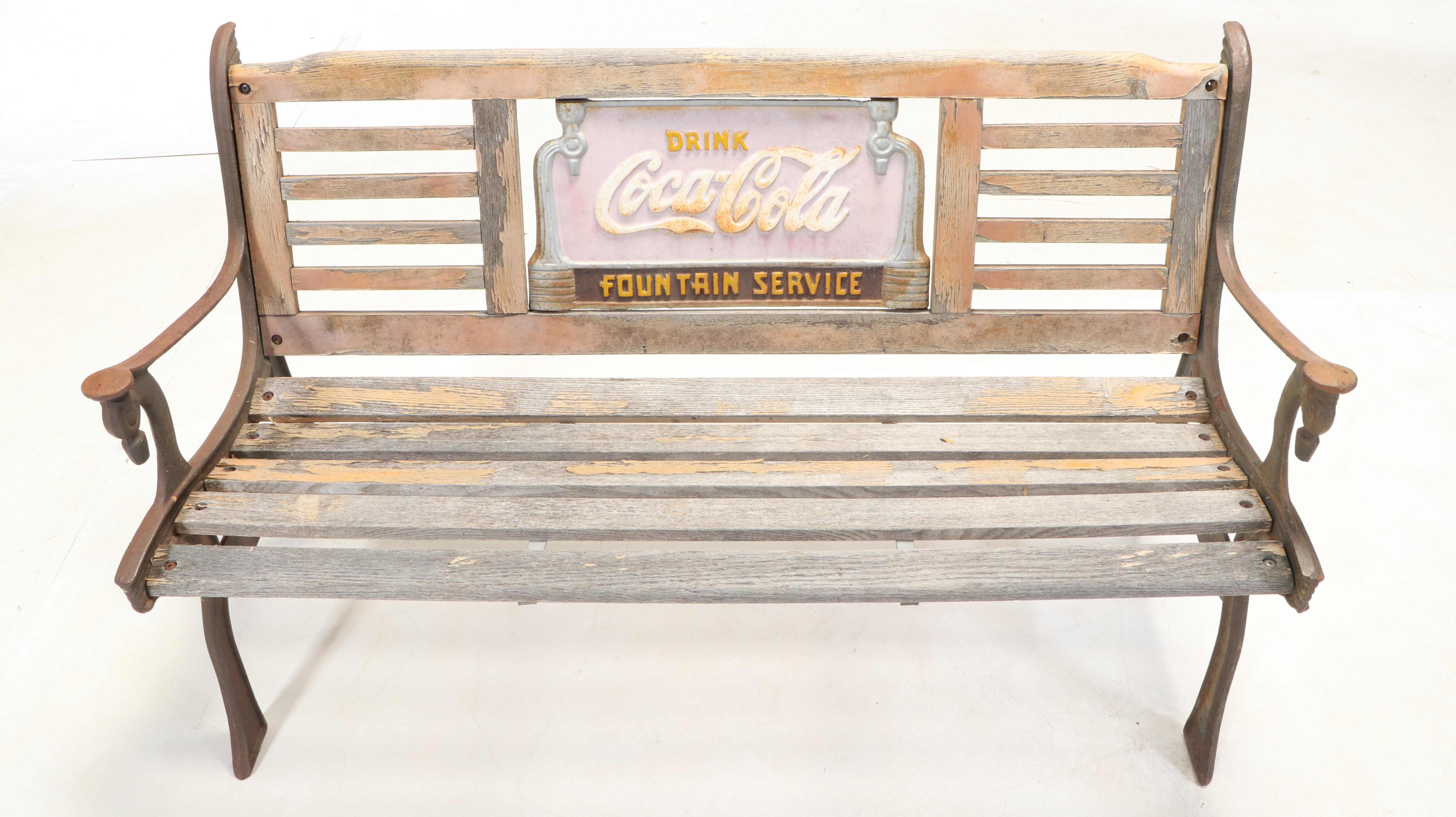 Coca-Cola Fountain Service Cast Iron and Oak Bench