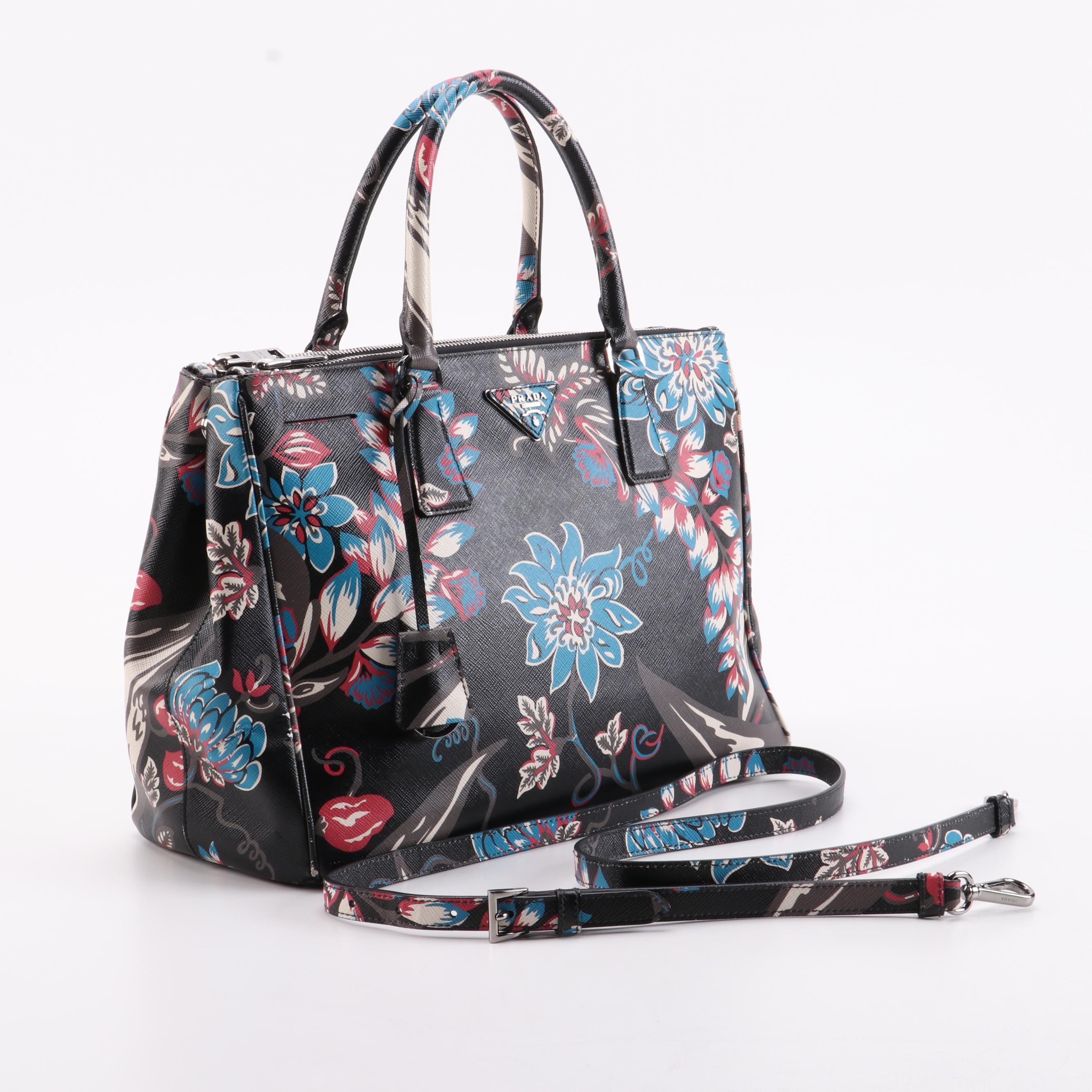 Prada Medium Double Zip Tote Bag in Floral Printed Saffiano Lux Leather