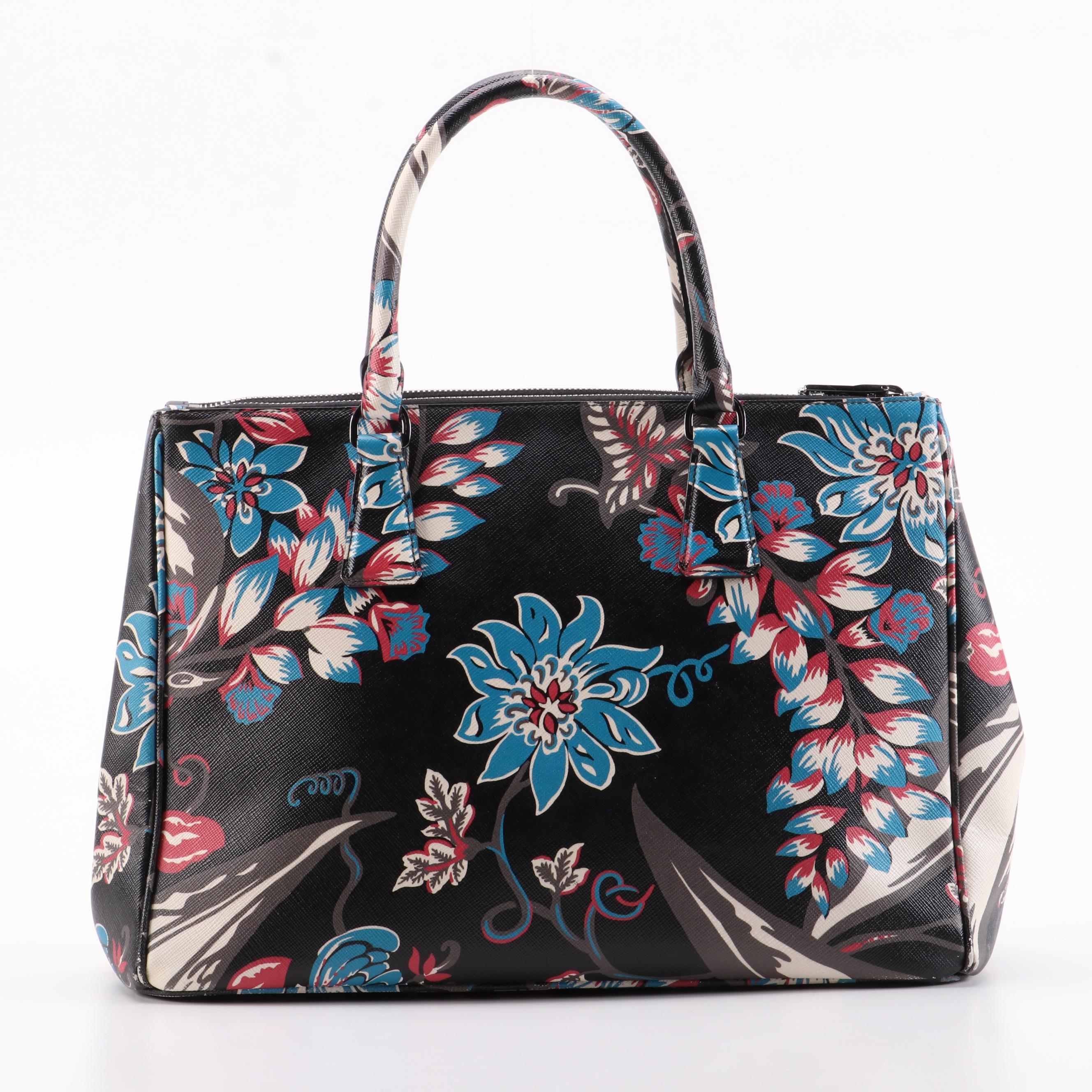Prada Medium Double Zip Tote Bag in Floral Printed Saffiano Lux Leather