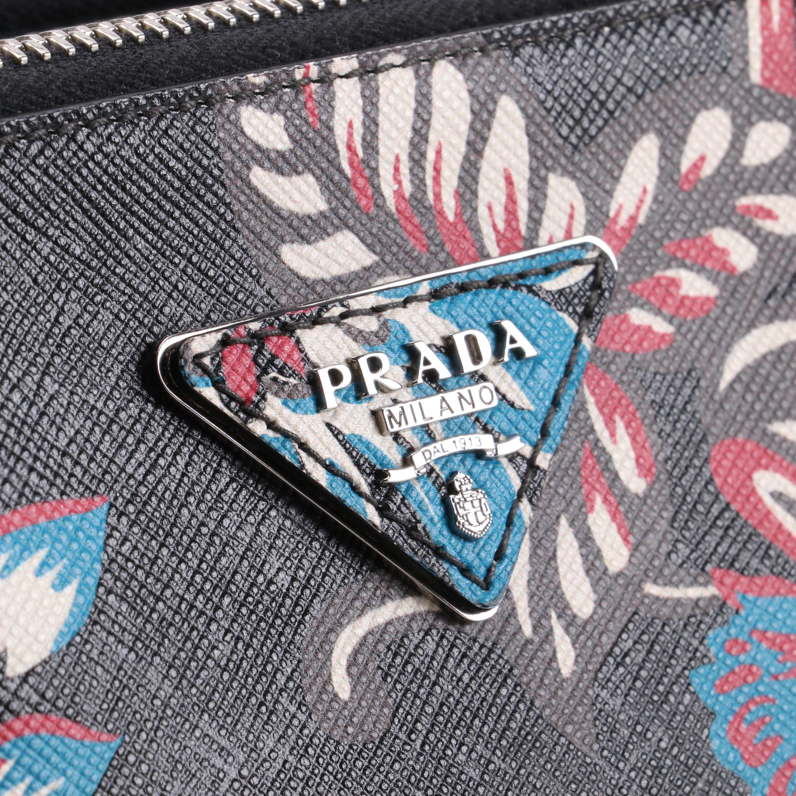Prada Medium Double Zip Tote Bag in Floral Printed Saffiano Lux Leather