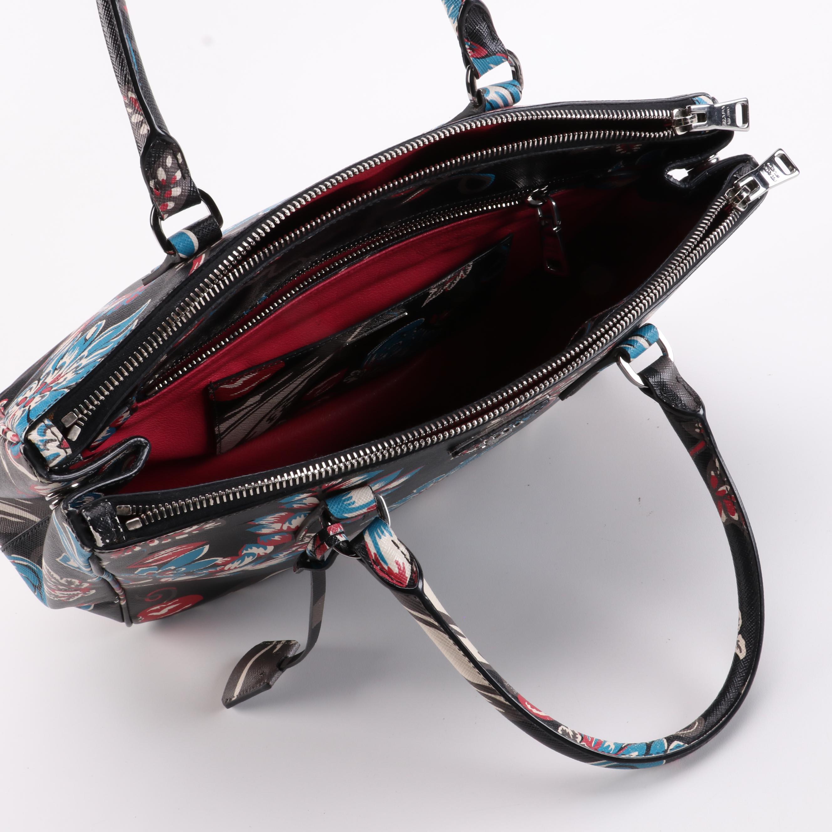 Prada Medium Double Zip Tote Bag in Floral Printed Saffiano Lux Leather