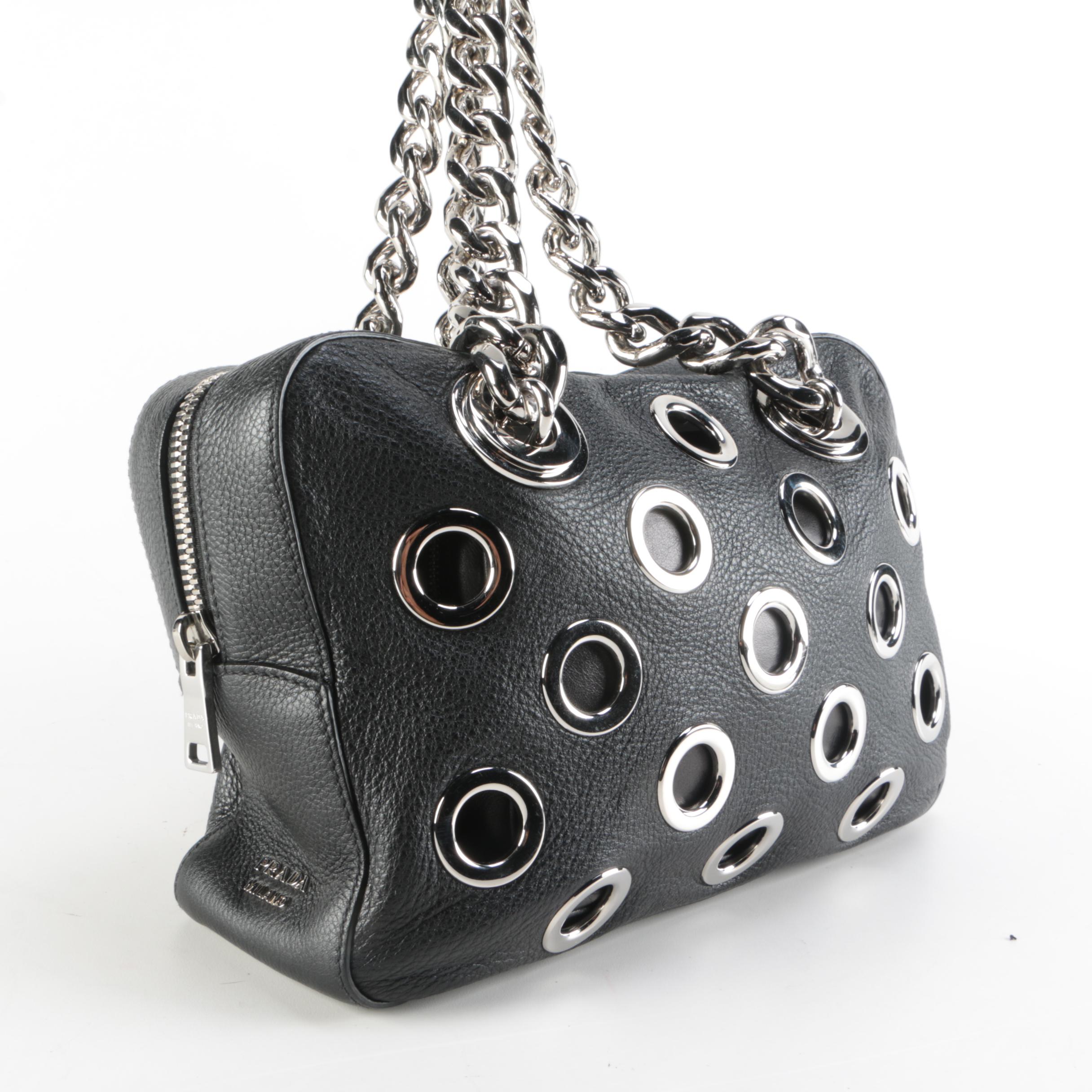Prada Grommet Chain Shoulder Bag in Black Vitello Daino Leather with Pouch