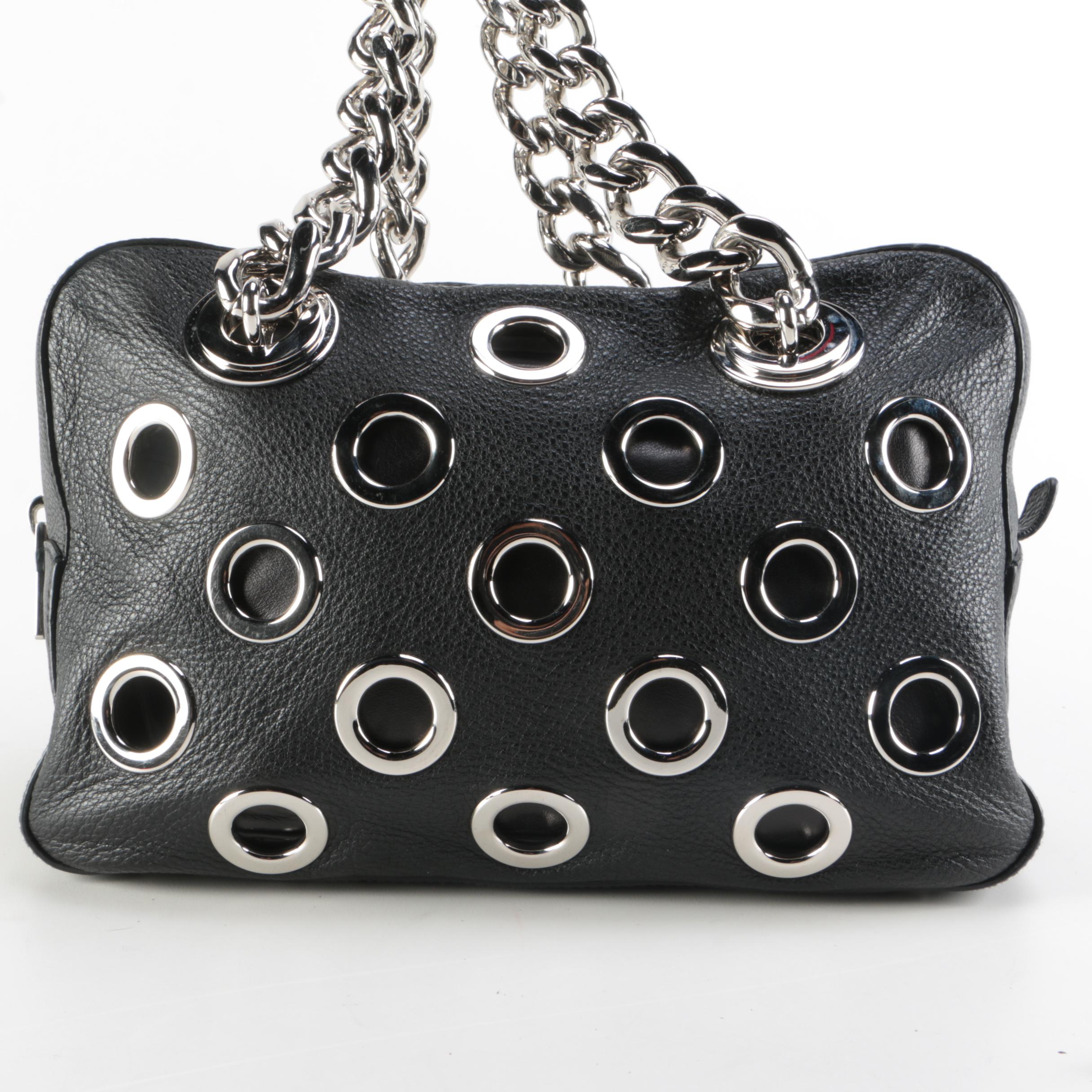 Prada Grommet Chain Shoulder Bag in Black Vitello Daino Leather with Pouch