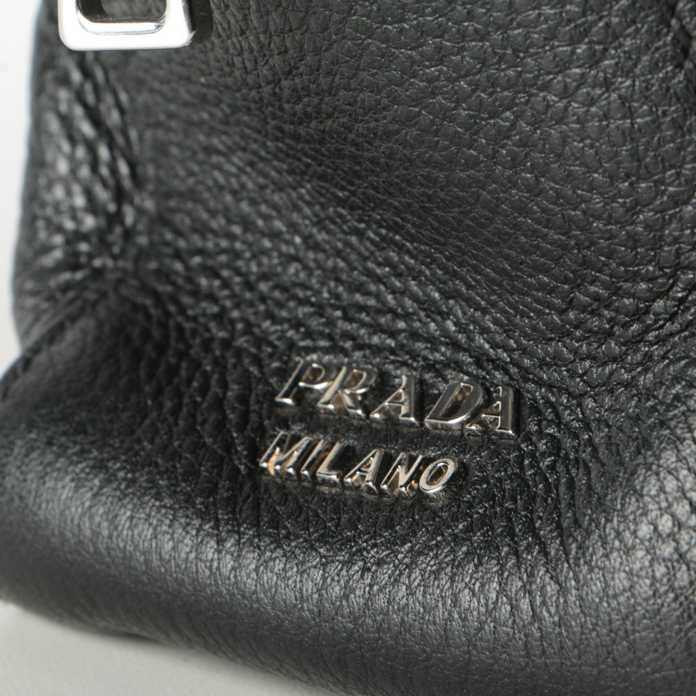 Prada Grommet Chain Shoulder Bag in Black Vitello Daino Leather with Pouch