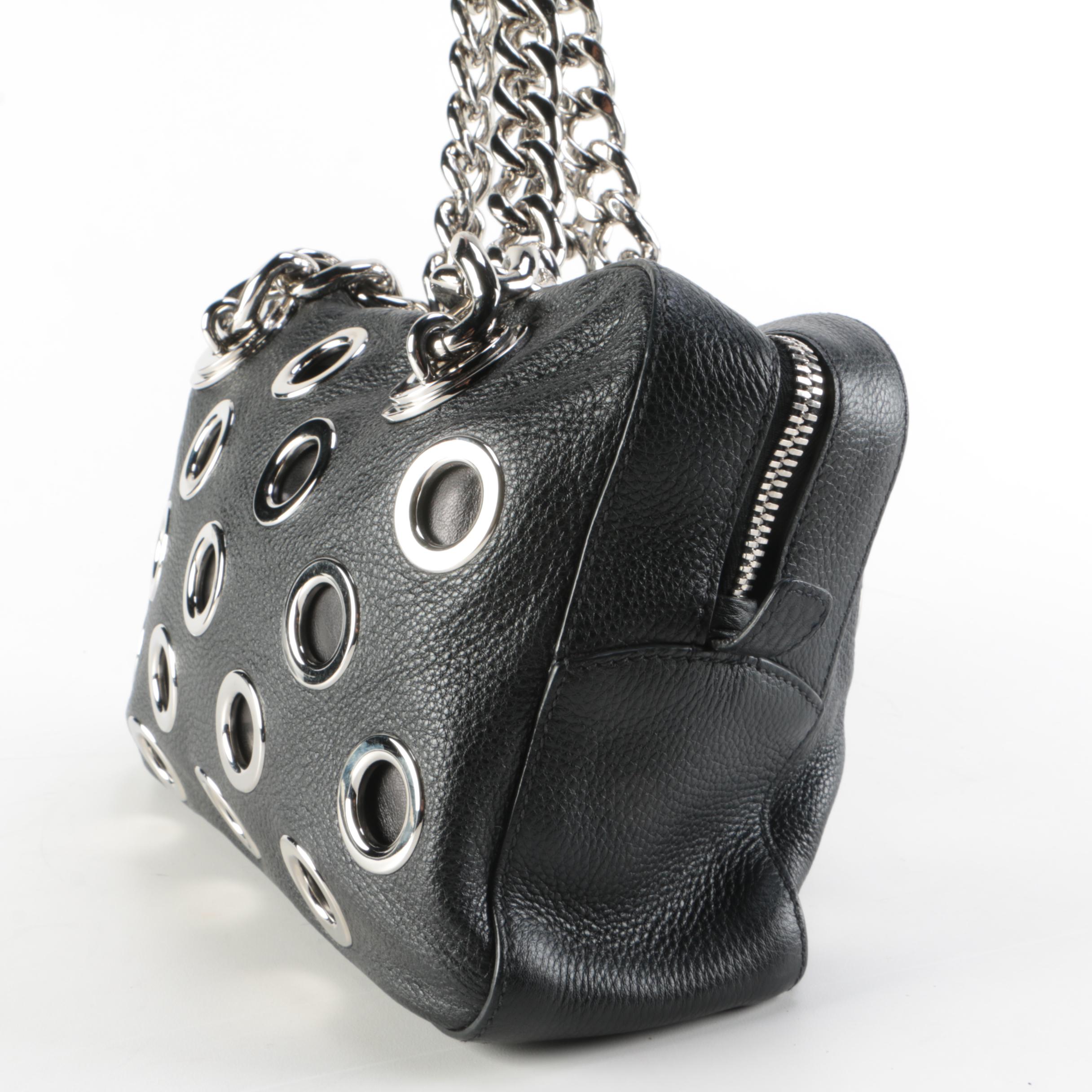 Prada Grommet Chain Shoulder Bag in Black Vitello Daino Leather with Pouch