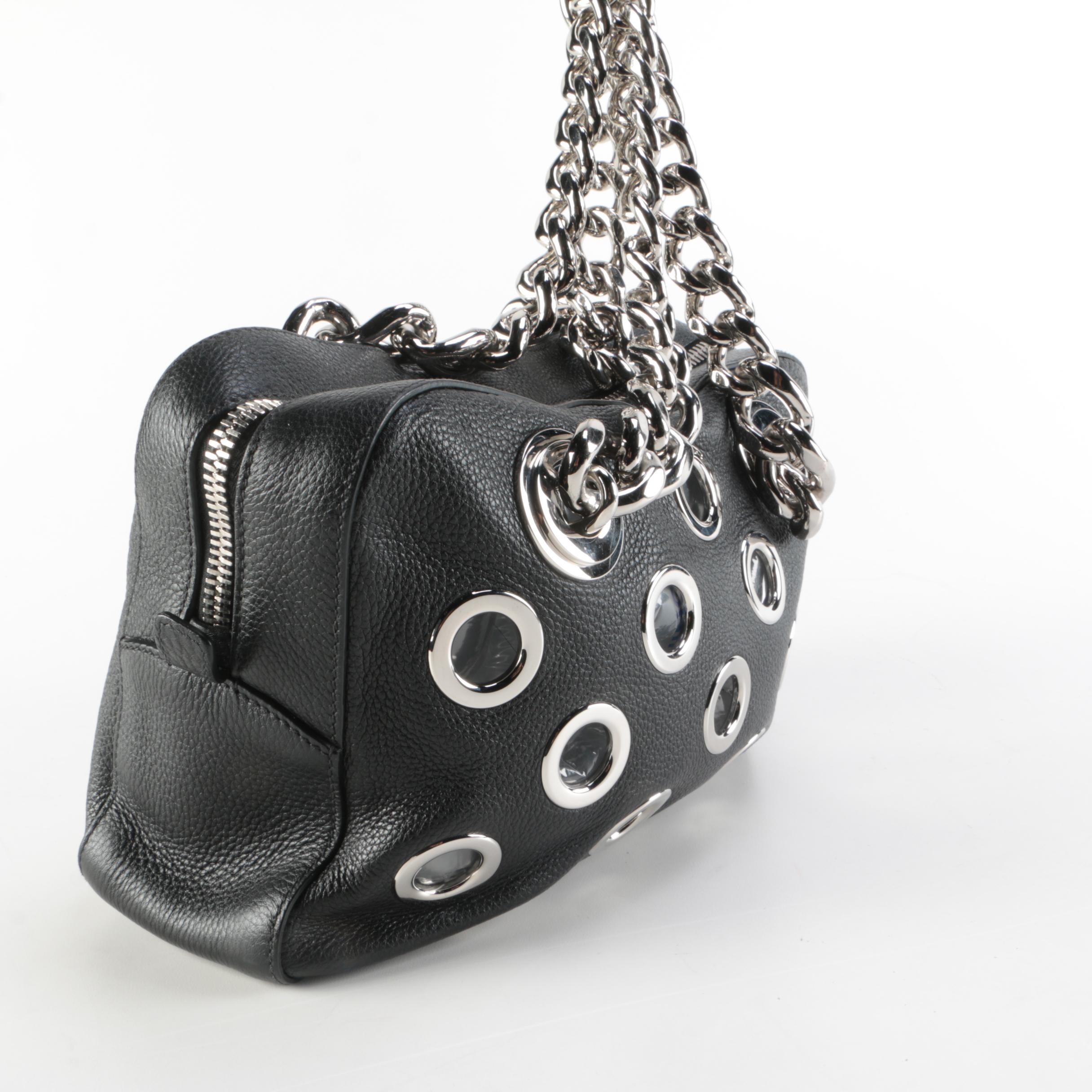 Prada Grommet Chain Shoulder Bag in Black Vitello Daino Leather with Pouch