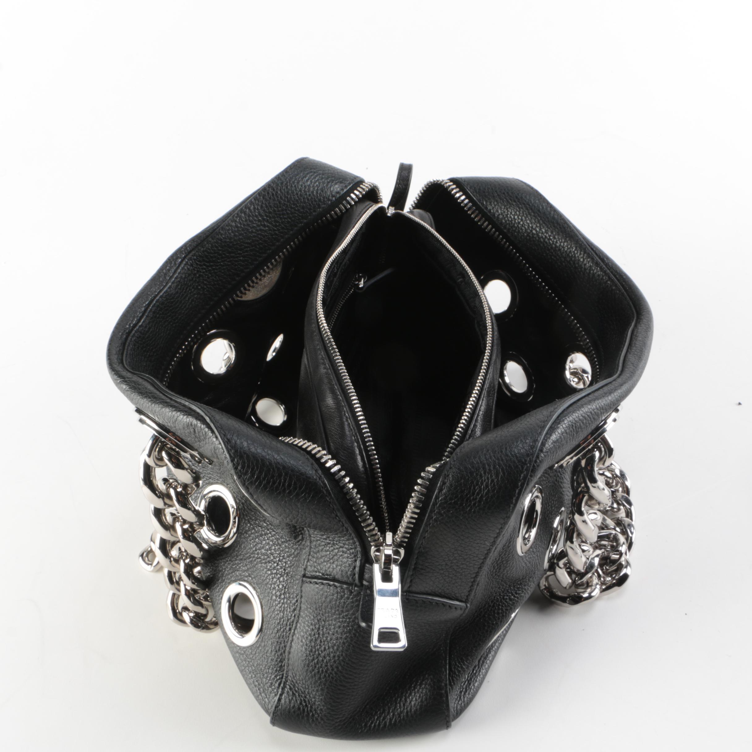 Prada Grommet Chain Shoulder Bag in Black Vitello Daino Leather with Pouch