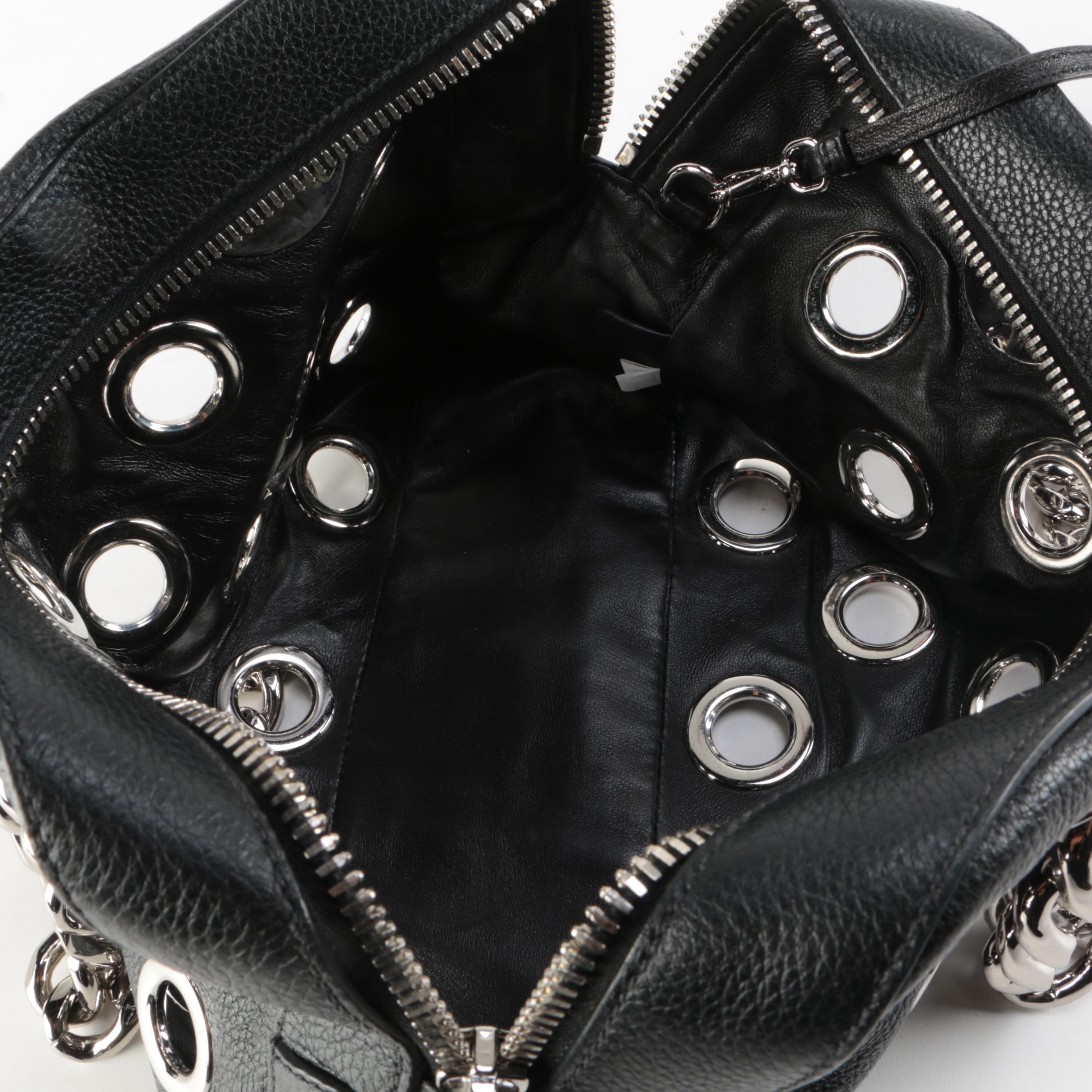 Prada Grommet Chain Shoulder Bag in Black Vitello Daino Leather with Pouch