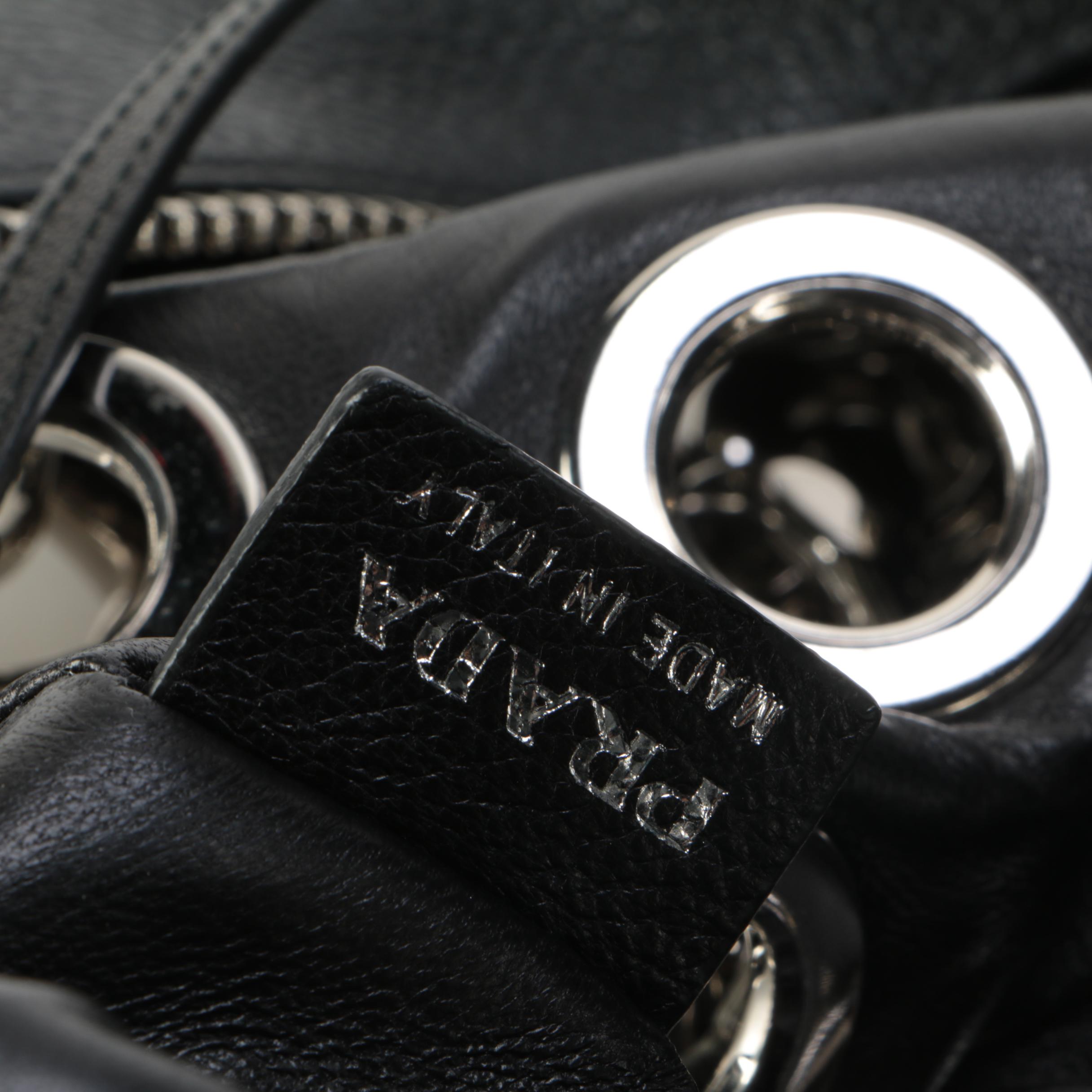 Prada Grommet Chain Shoulder Bag in Black Vitello Daino Leather with Pouch