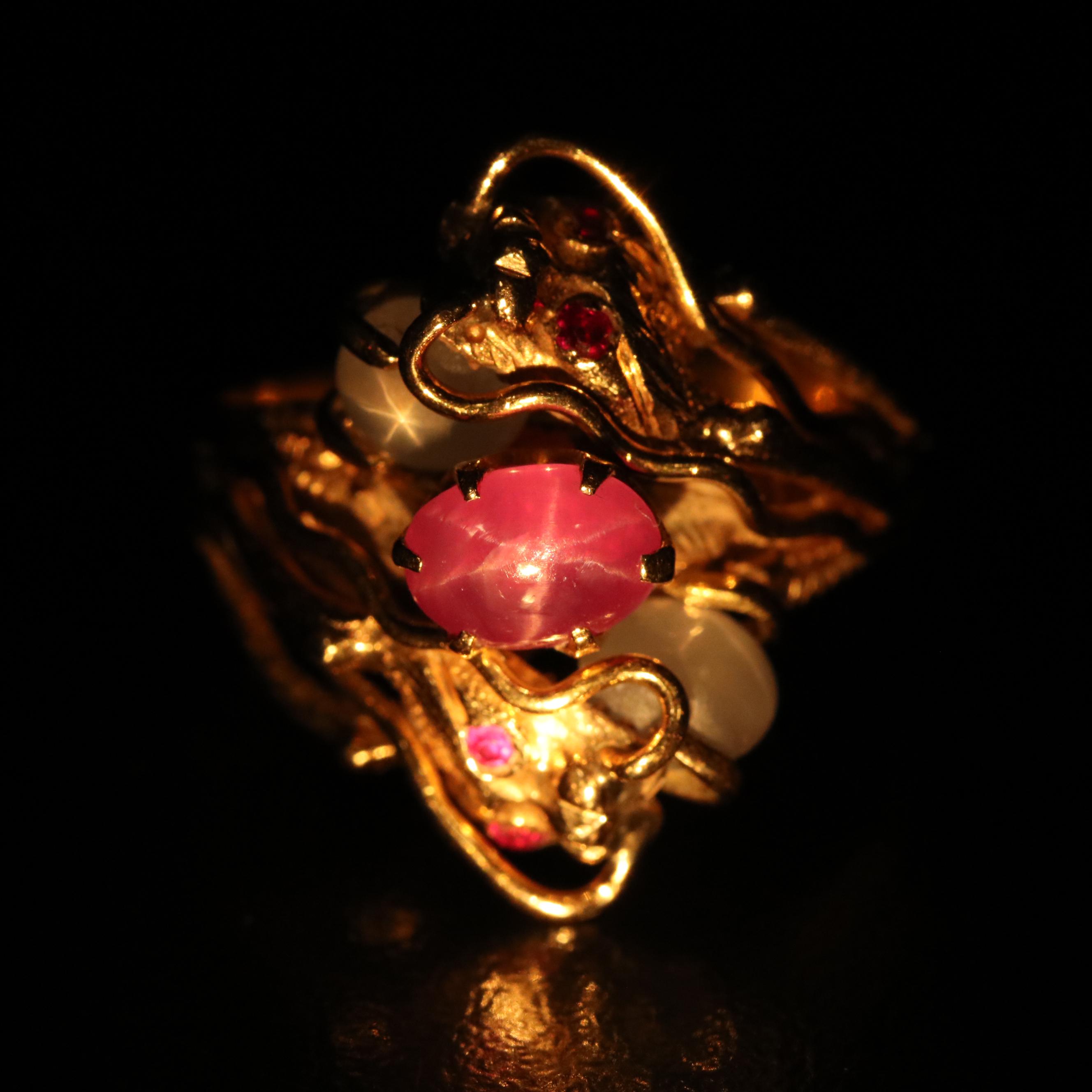Vintage T.Y. Lee 14K Star Ruby and Star Sapphire Dragon Ring