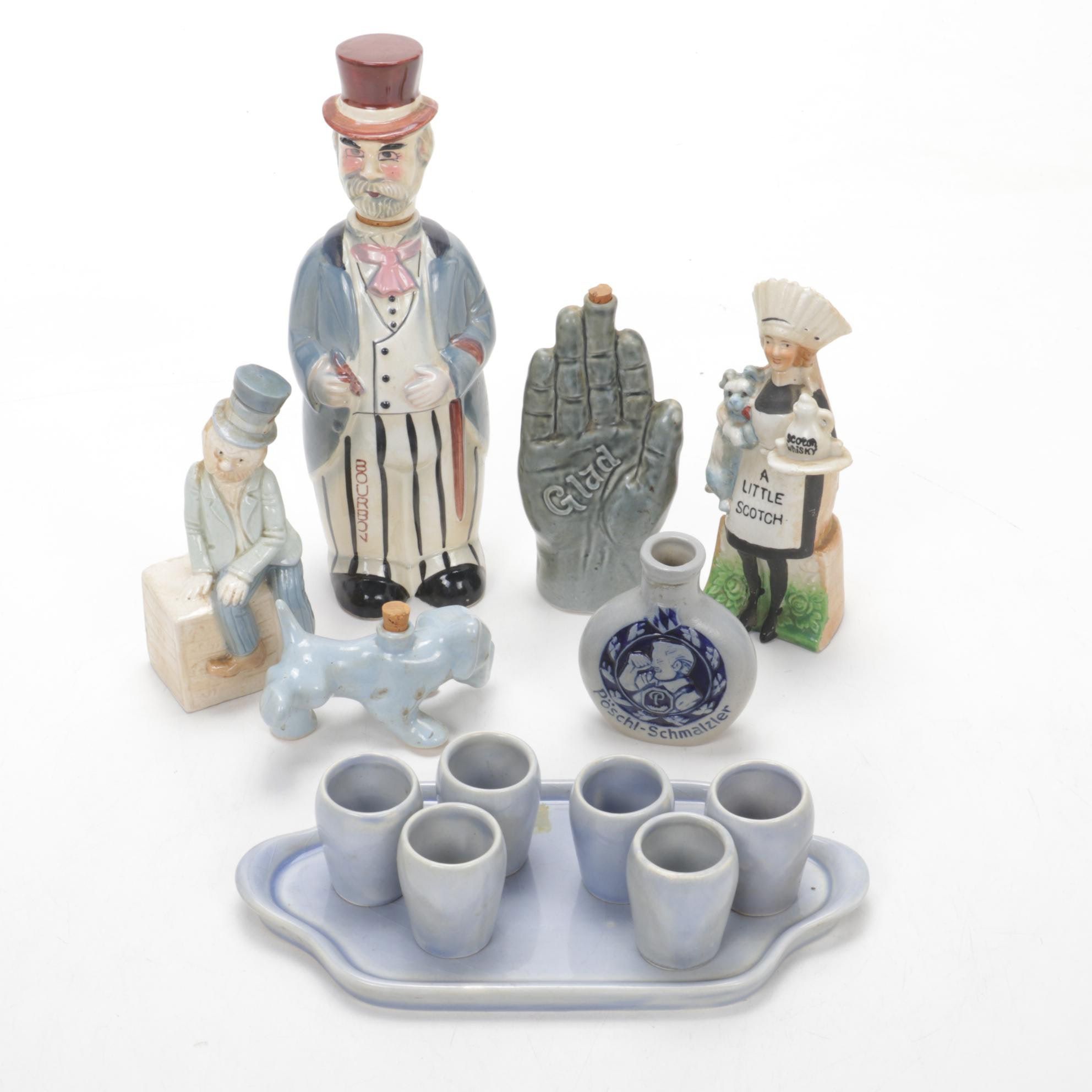 J&I Block Bourbon Decanter Set and Other Figural Decanters, Mid-20th Century
