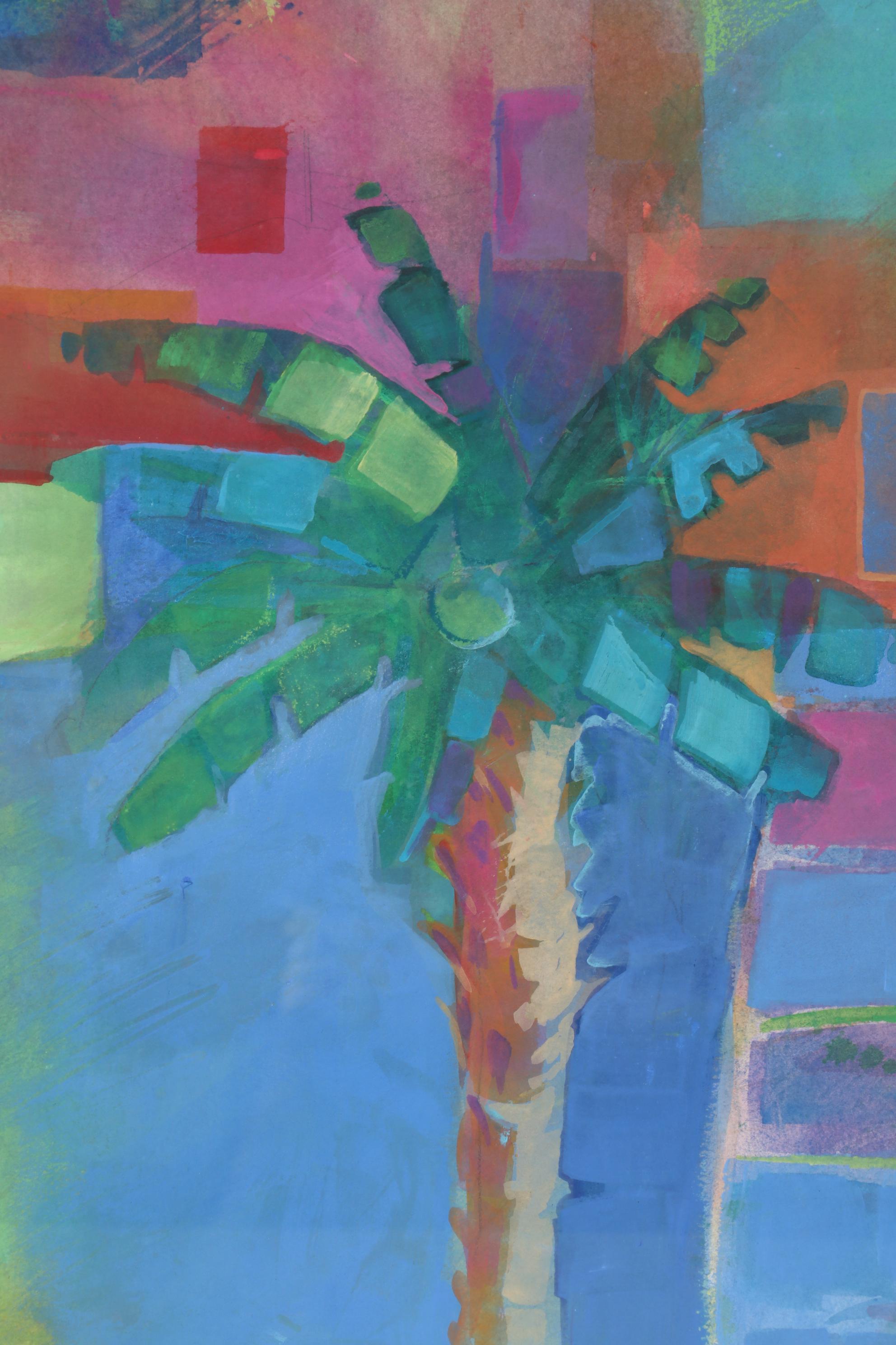 Rhonda Brooks Gouache Painting of Landscape with Palm Tree