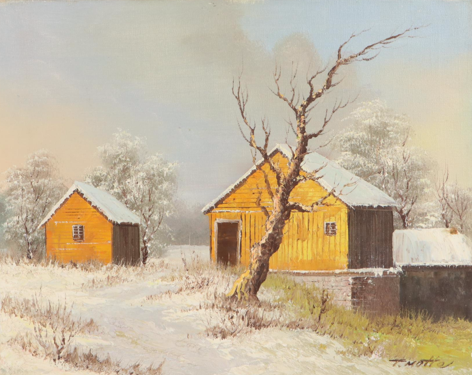 T. Motte Winter Landscape Oil Painting with Cabins, Late 20th Century