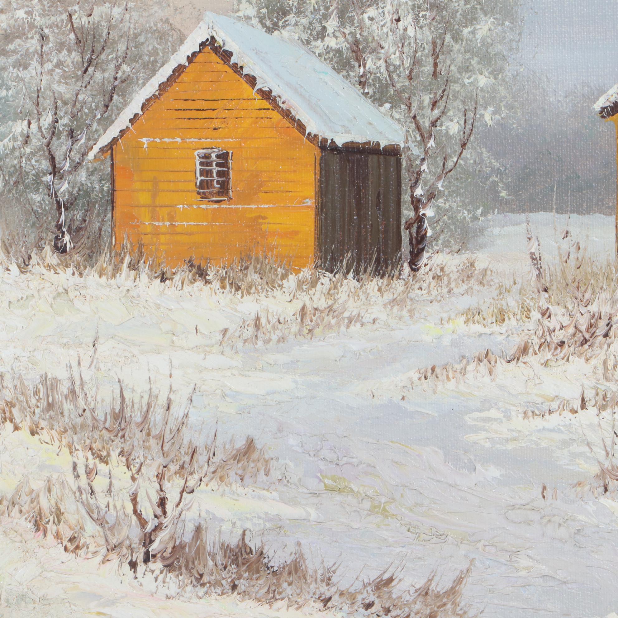 T. Motte Winter Landscape Oil Painting with Cabins, Late 20th Century