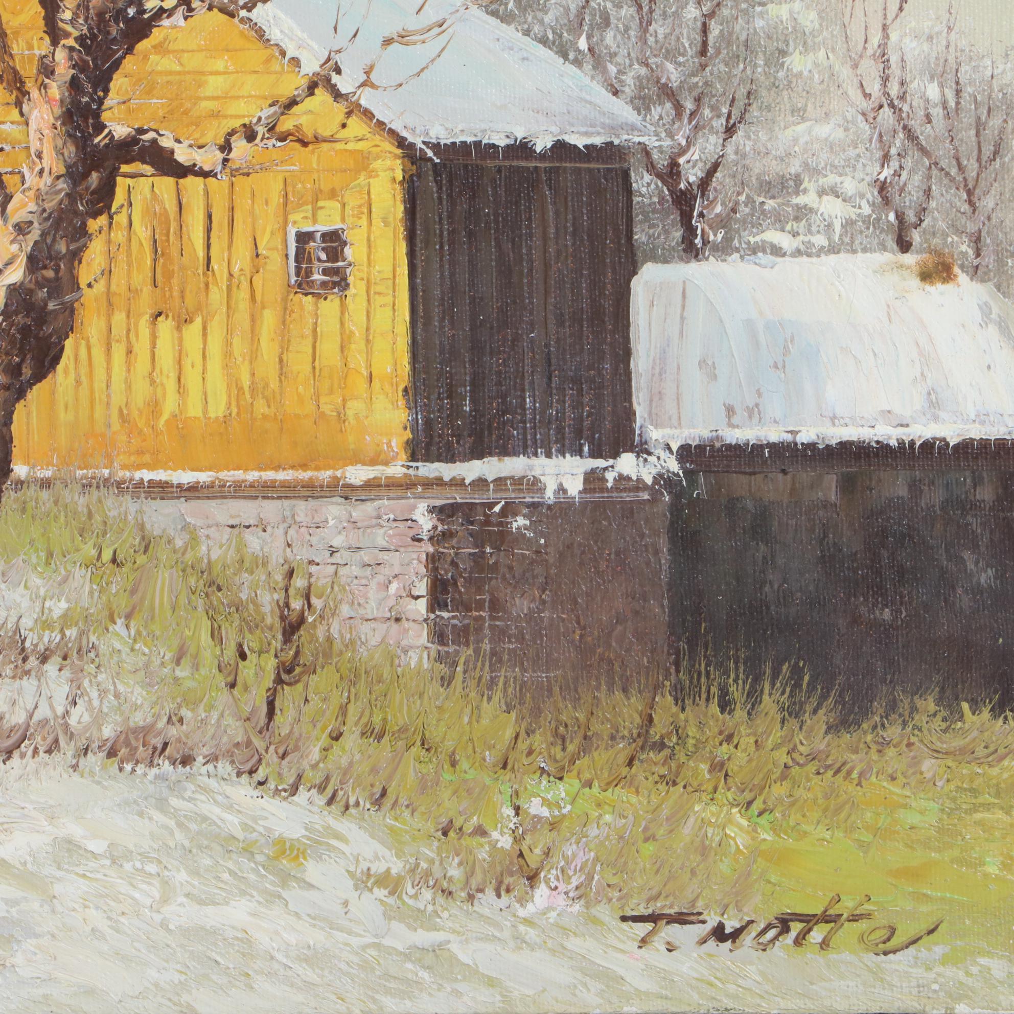 T. Motte Winter Landscape Oil Painting with Cabins, Late 20th Century