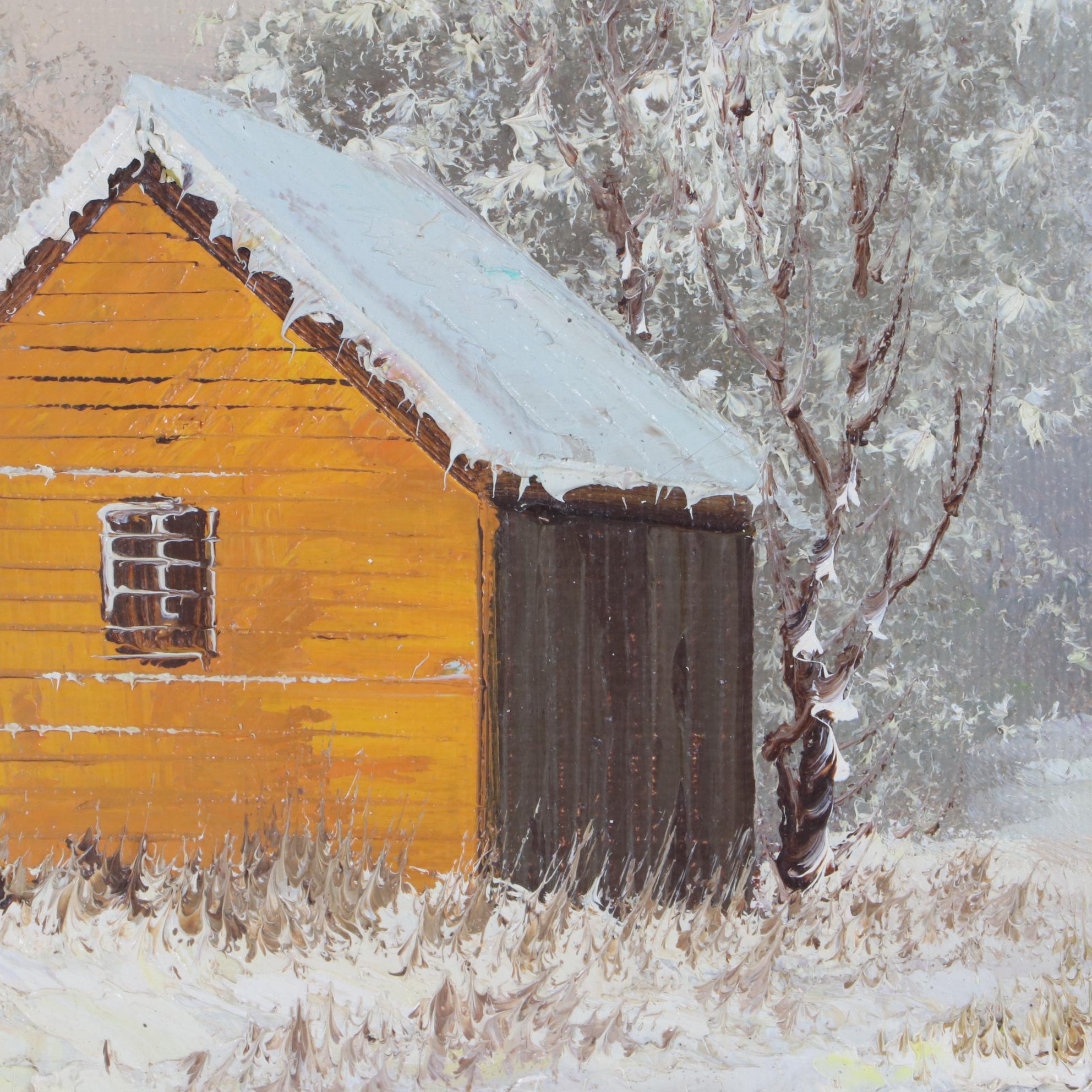 T. Motte Winter Landscape Oil Painting with Cabins, Late 20th Century