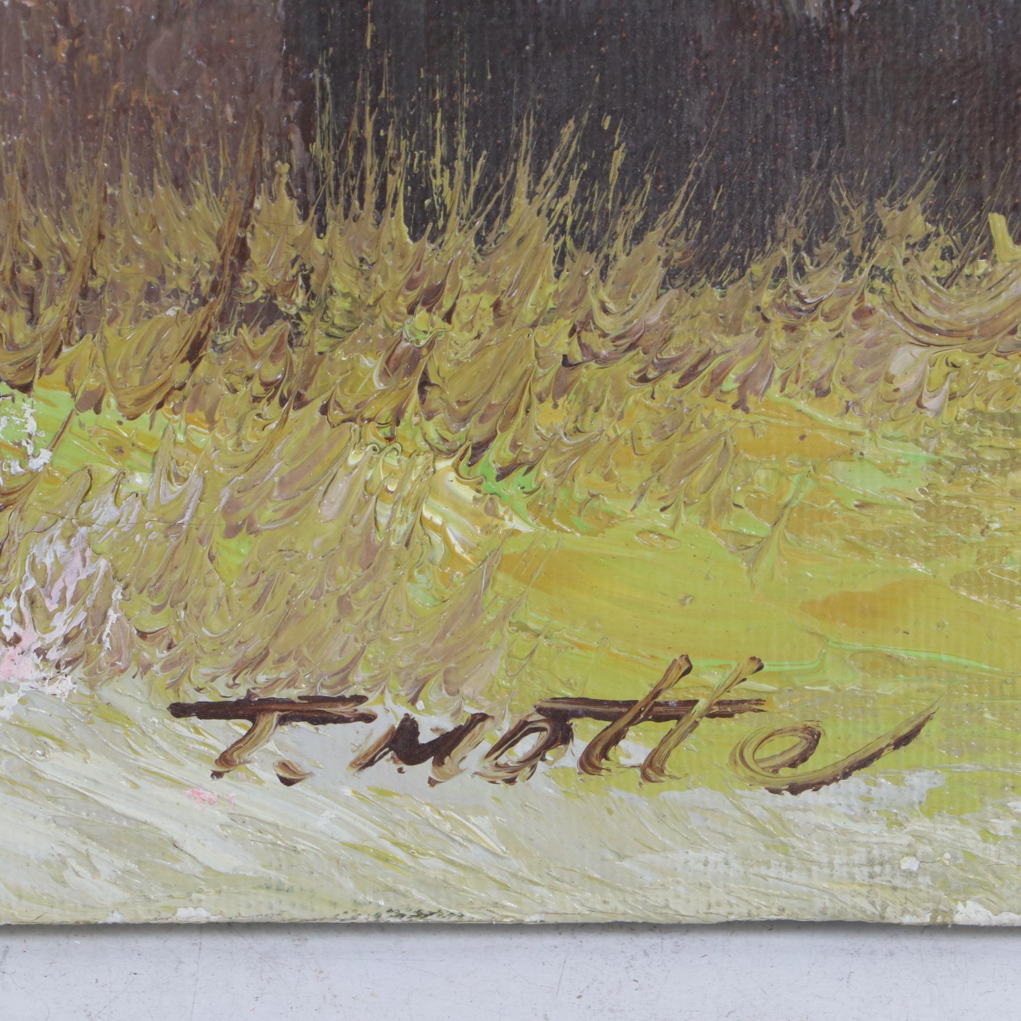 T. Motte Winter Landscape Oil Painting with Cabins, Late 20th Century