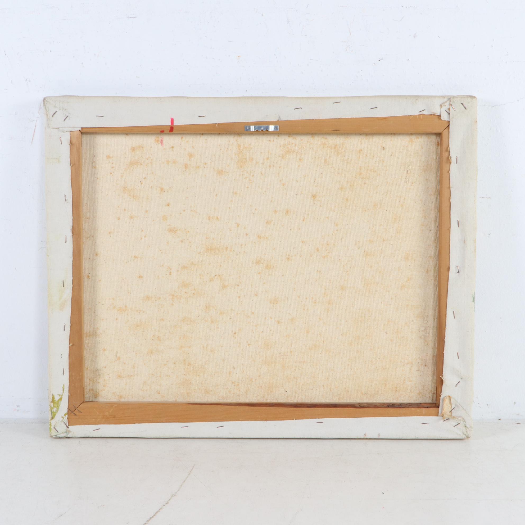 T. Motte Winter Landscape Oil Painting with Cabins, Late 20th Century