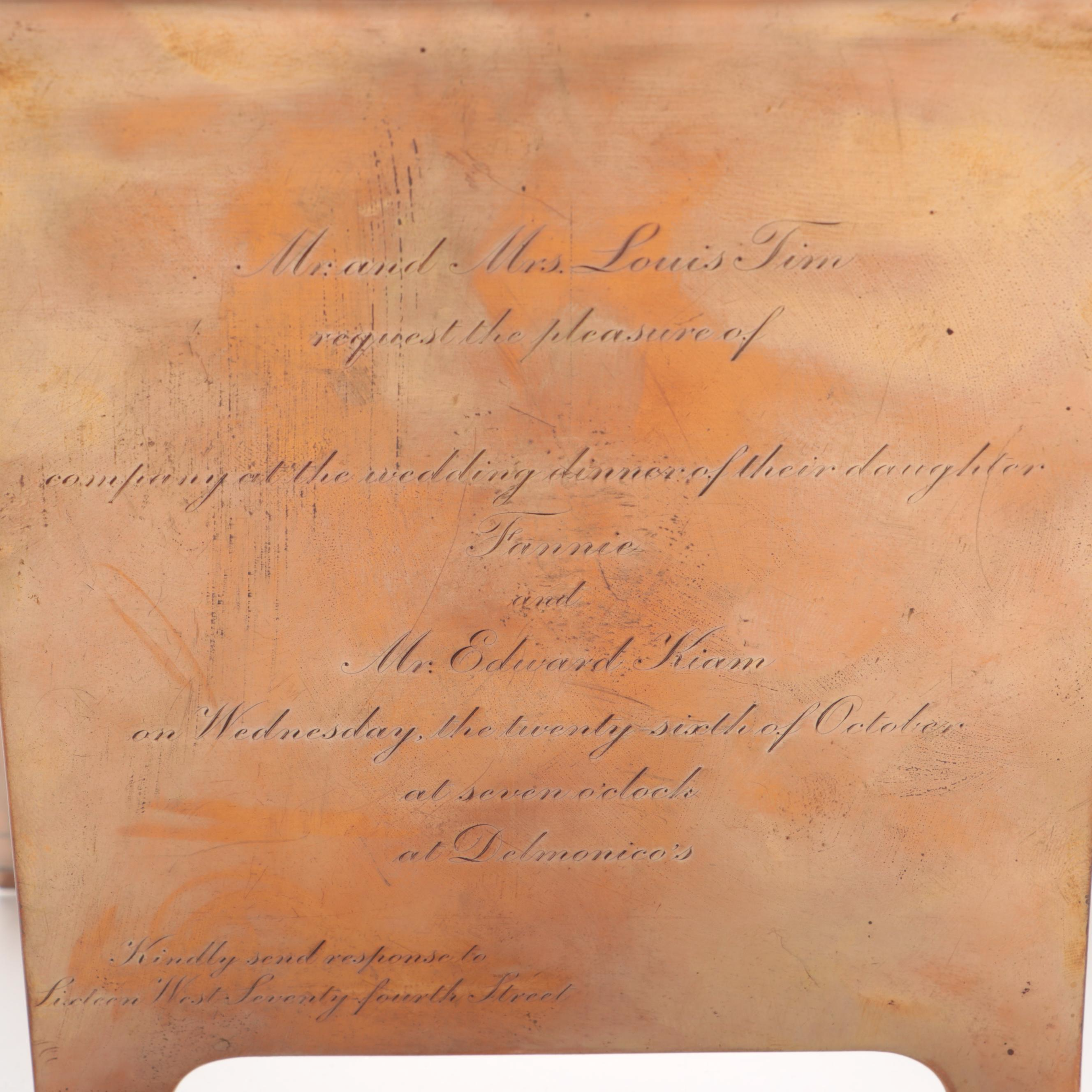 Tiffany & Co. Copper Picture Frame with Etched Wedding Dinner Invitation