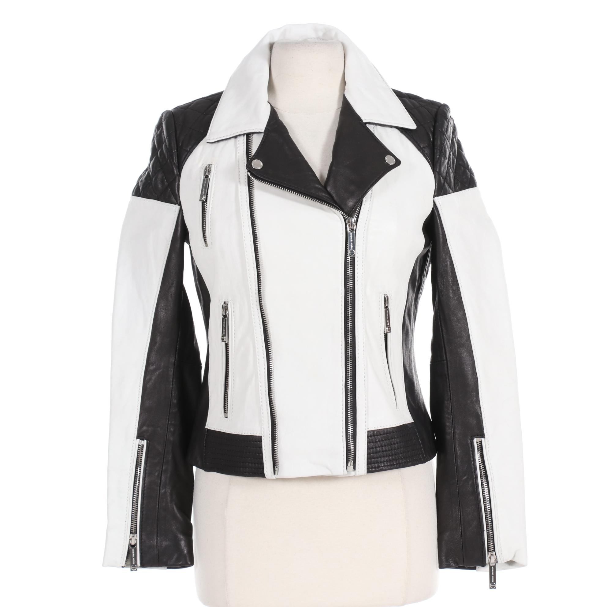 MICHAEL Michael Kors Black-and-White Leather Motorcycle Jacket