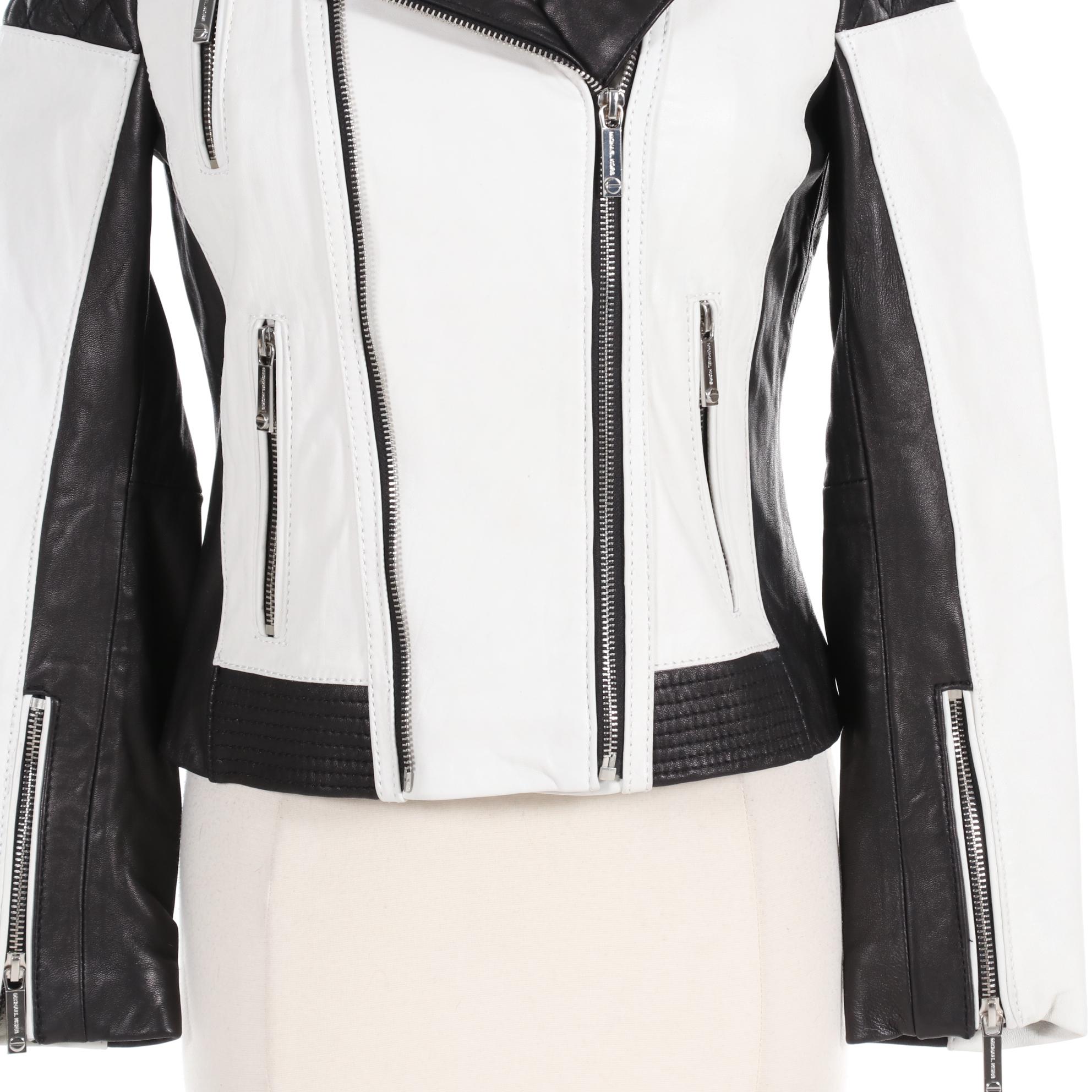 MICHAEL Michael Kors Black-and-White Leather Motorcycle Jacket