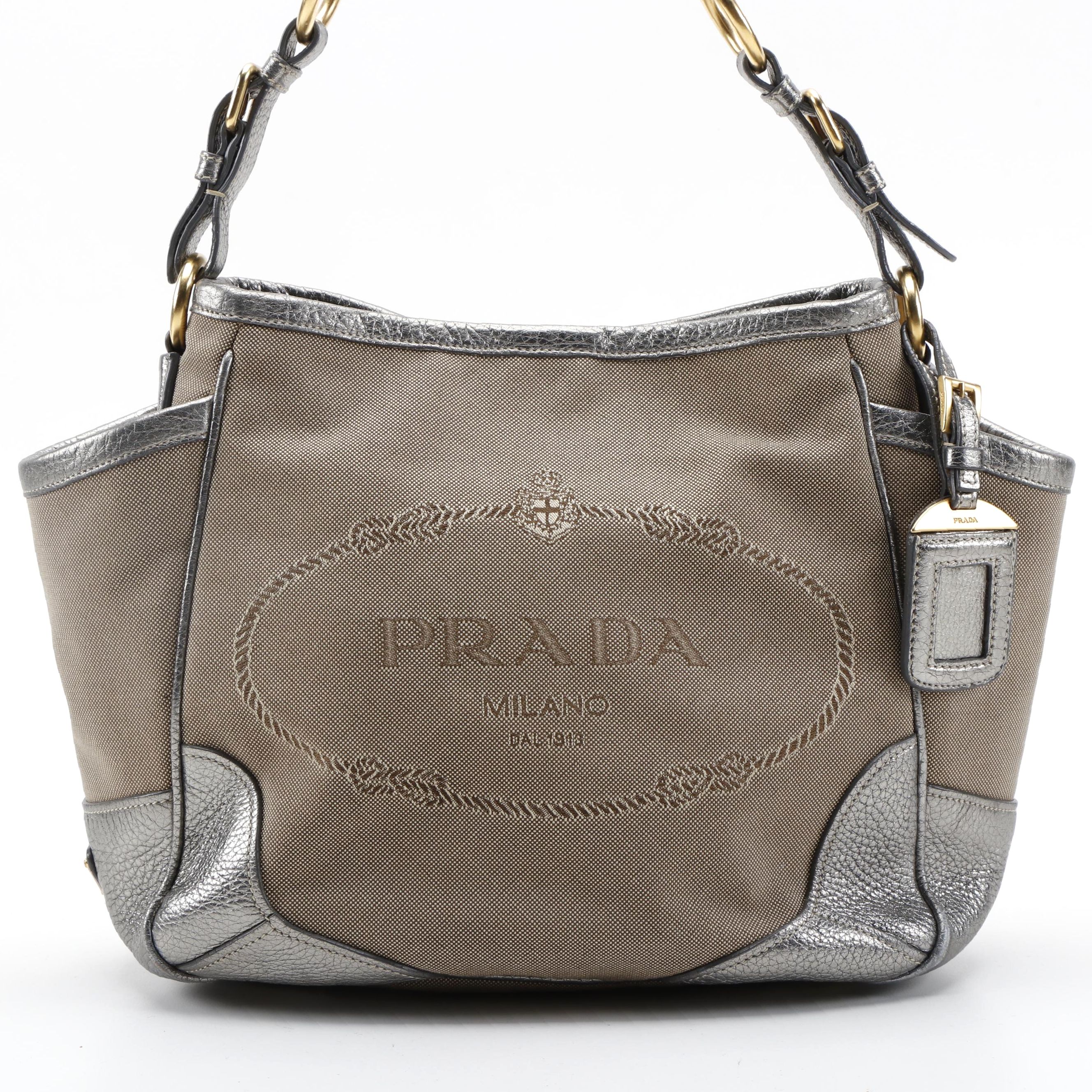 Prada Canapa Jacquard Canvas and Silver Metallic Vitello Daino Leather Tote