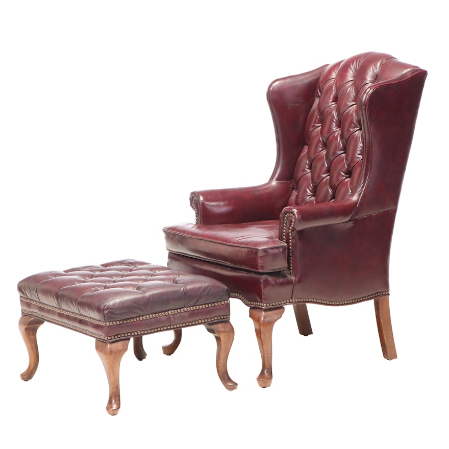 Fairfield Queen Anne Style Tufted Leather Wingback Chair and Ottoman