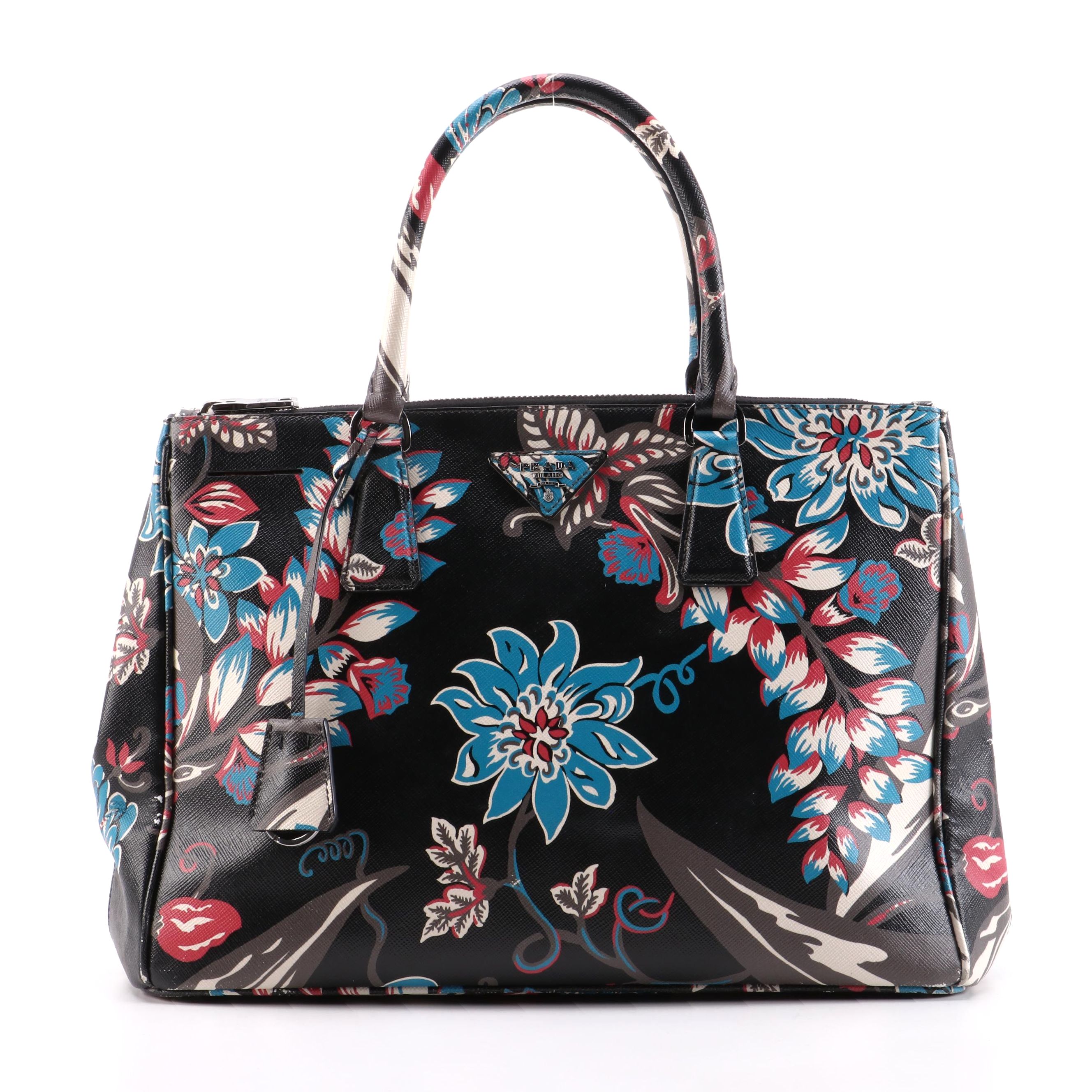 Prada Medium Double Zip Tote Bag in Floral Printed Saffiano Lux Leather