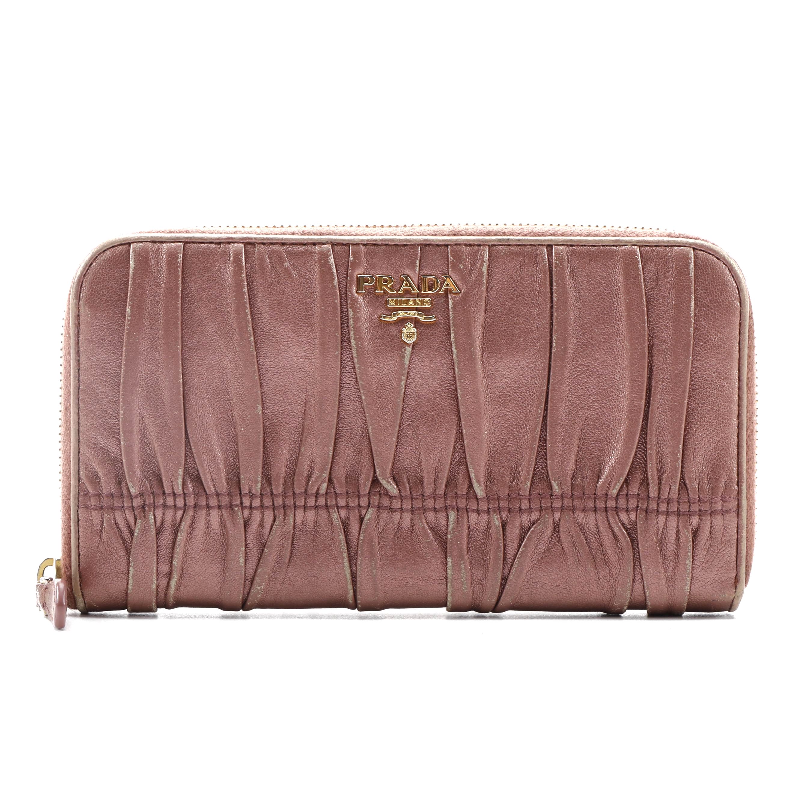 Prada Nappa Gaufre Continental Wallet in Metallic Blush Leather