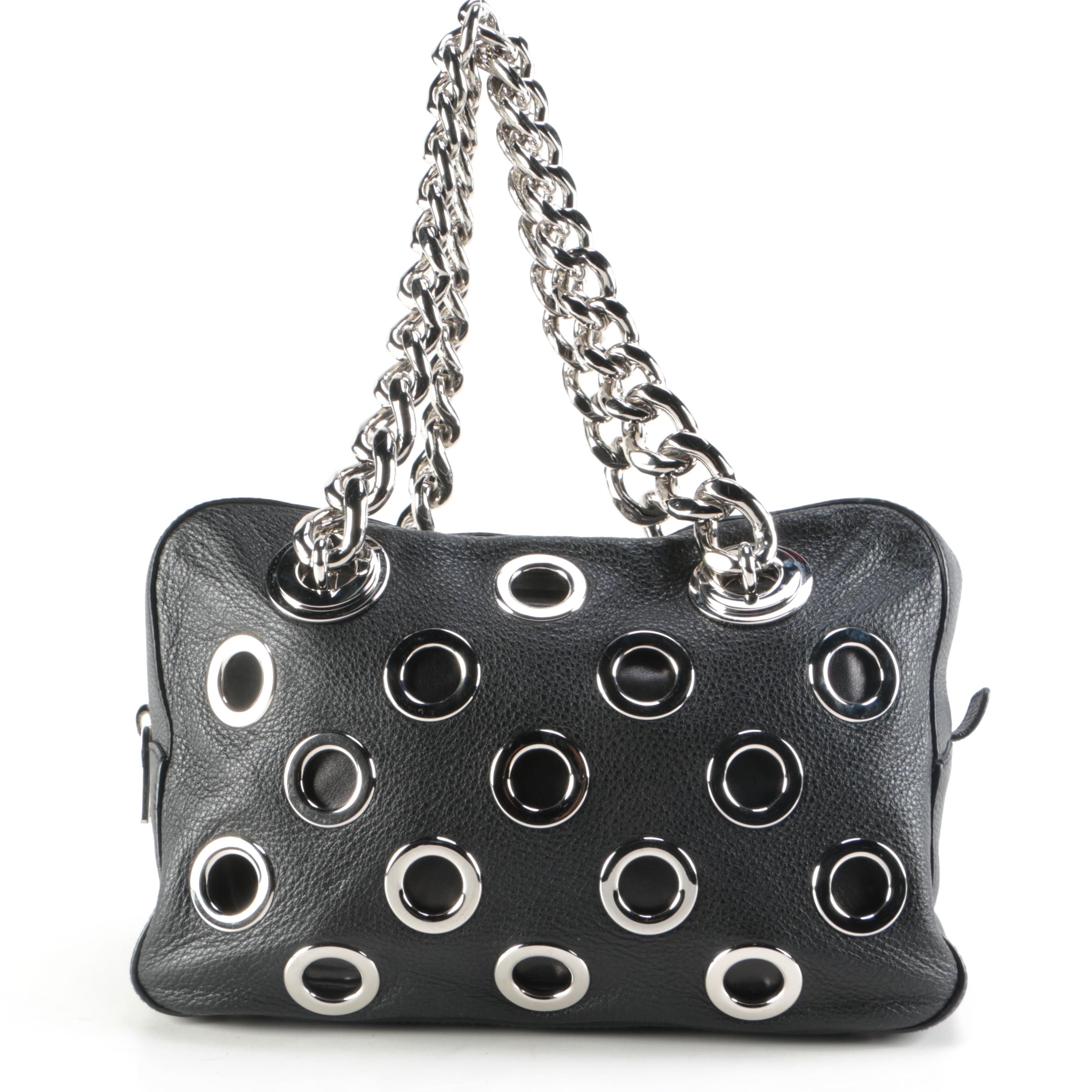 Prada Grommet Chain Shoulder Bag in Black Vitello Daino Leather with Pouch