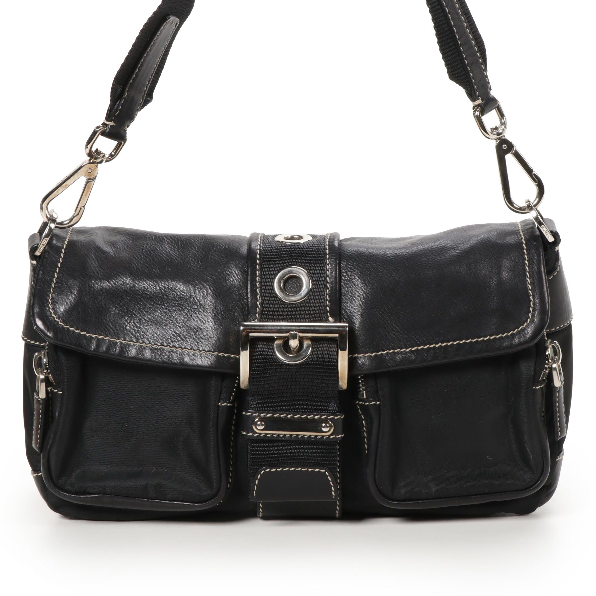 Prada Flap Front Shoulder Bag in Black Tessuto Nylon and Leather